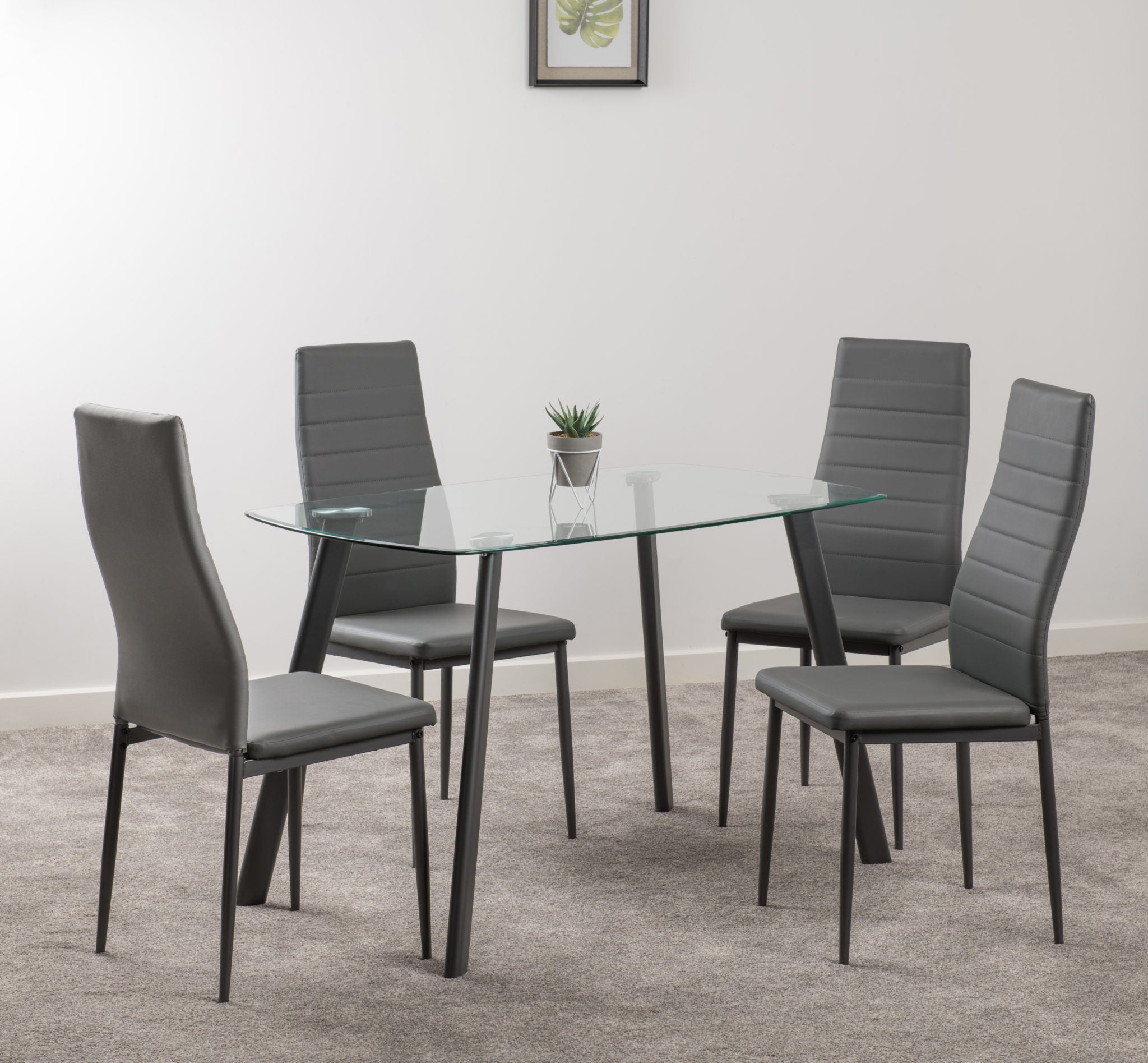 ABBEY SMALL DINING SET (X4 CHAIRS) - CLEAR GLASS/GREY/GREY PU