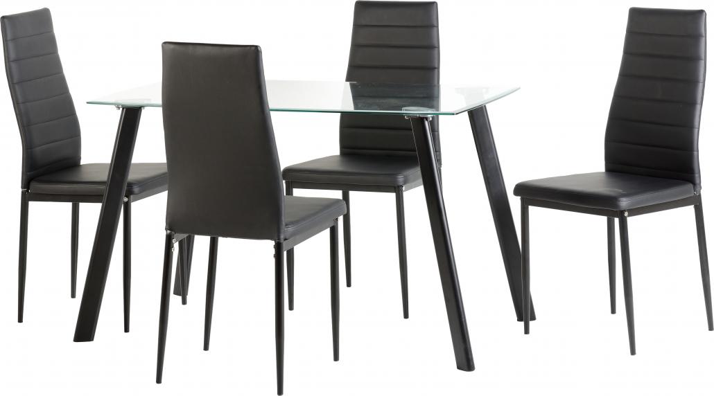 ABBEY SMALL DINING SET (X4 CHAIRS) - CLEAR GLASS/BLACK/BLACK PU