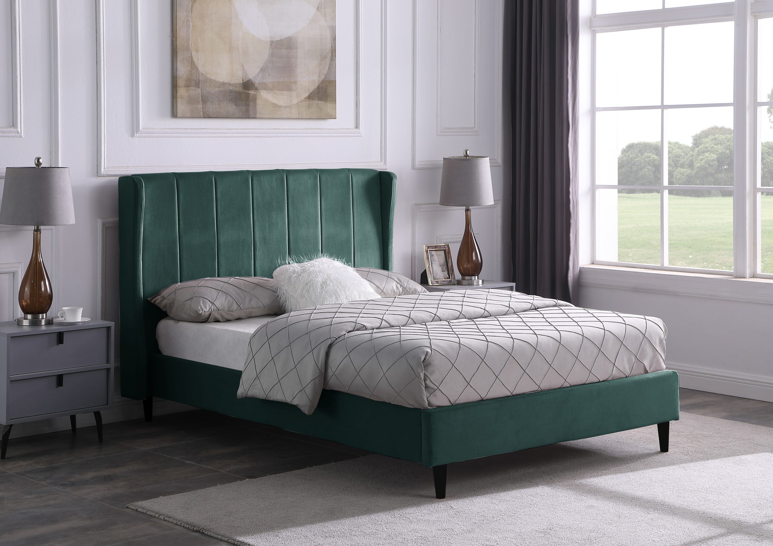 AMELIA 4'6" BED - GREEN VELVET FABRIC