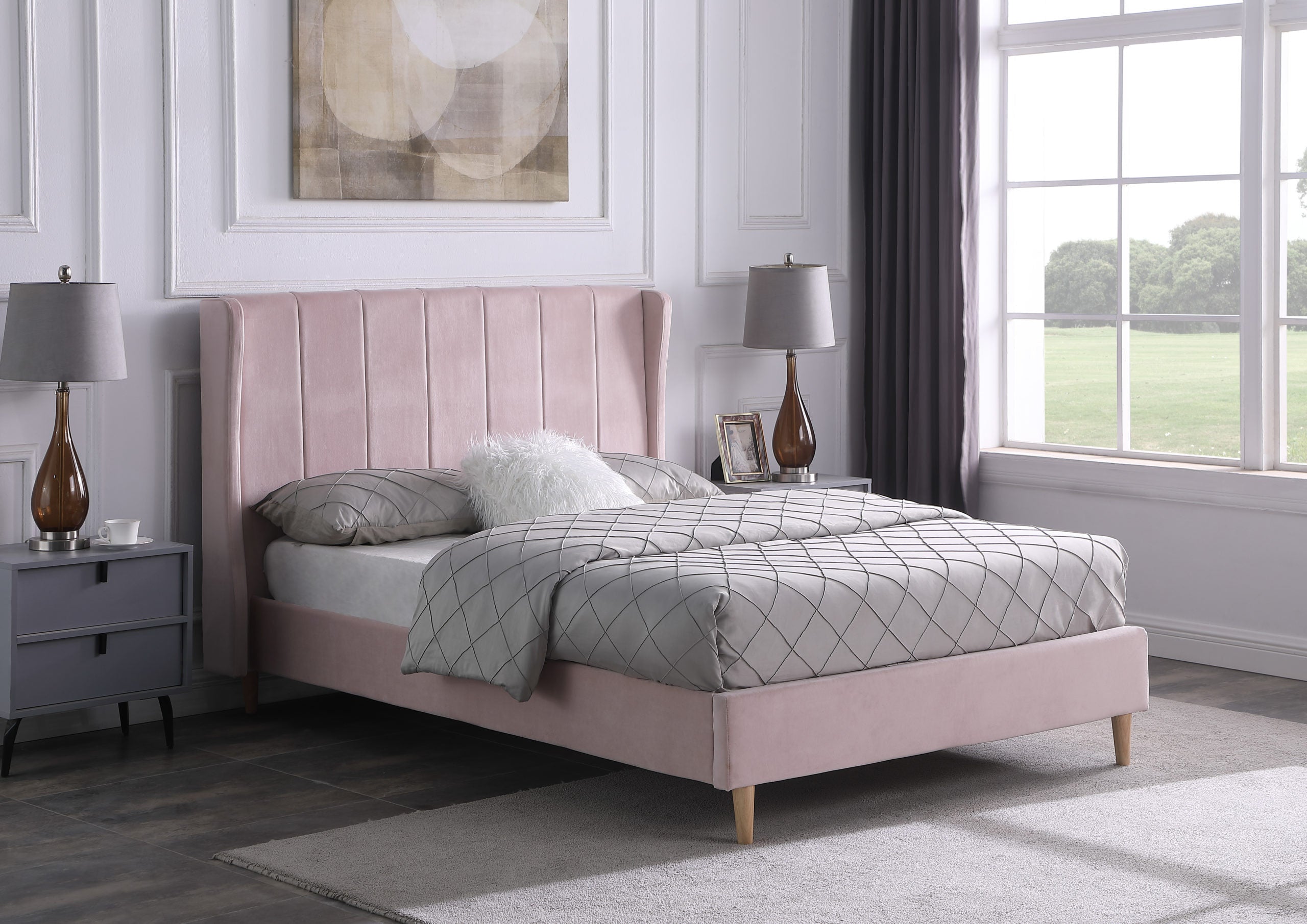 AMELIA 5' BED - PINK VELVET FABRIC