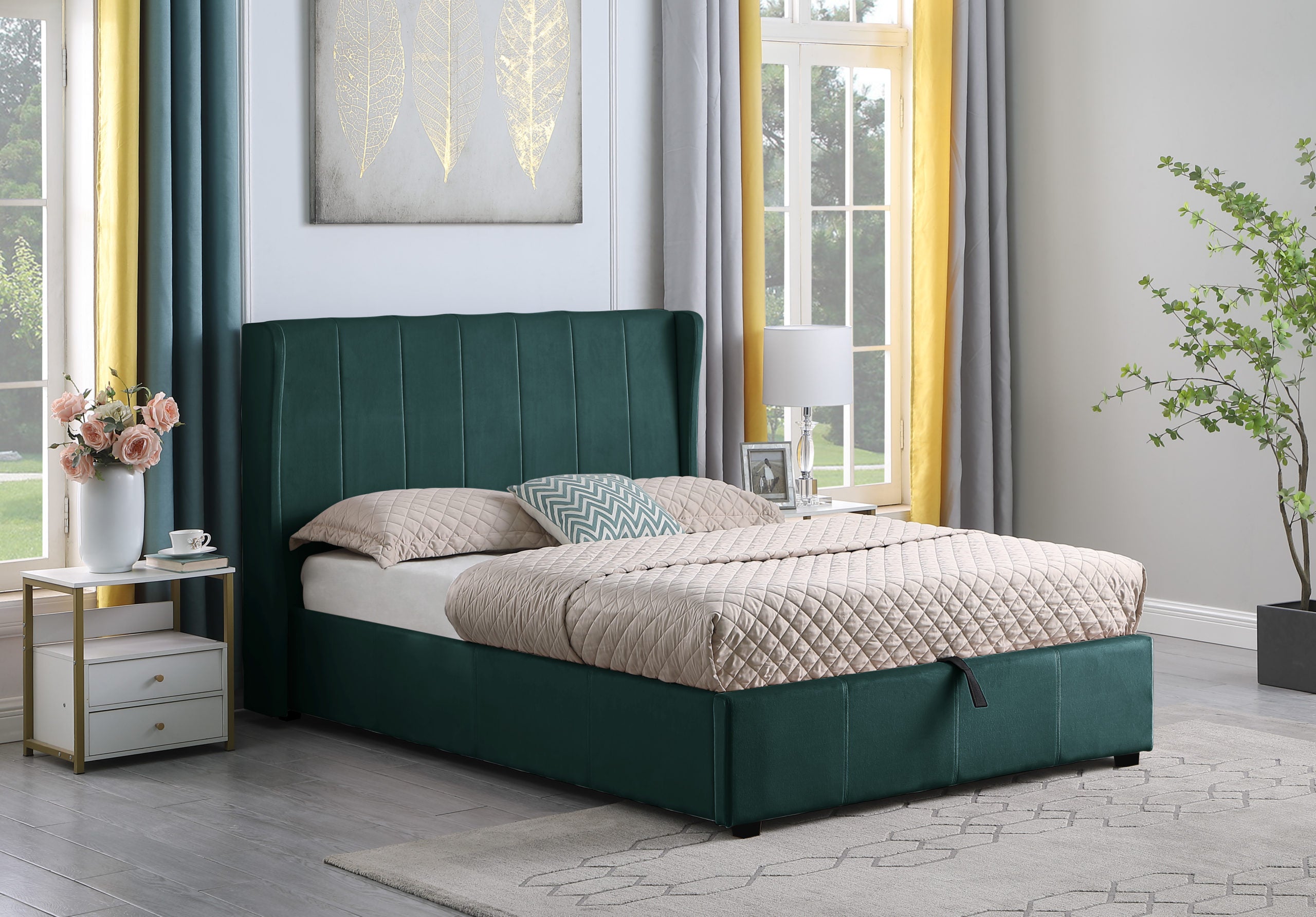 AMELIA 4'6" PLUS BED - GREEN VELVET FABRIC