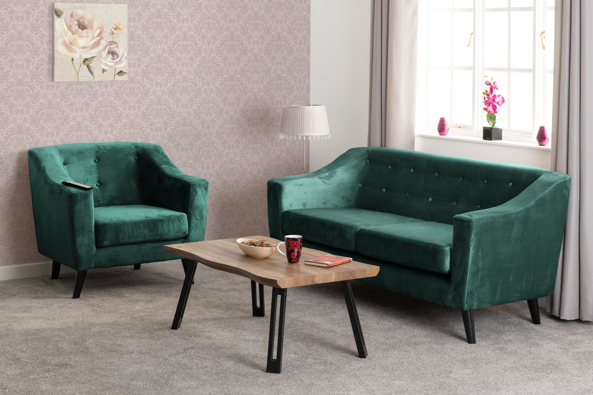 ASHLEY 3 SEATER SOFA - GREEN VELVET FABRIC