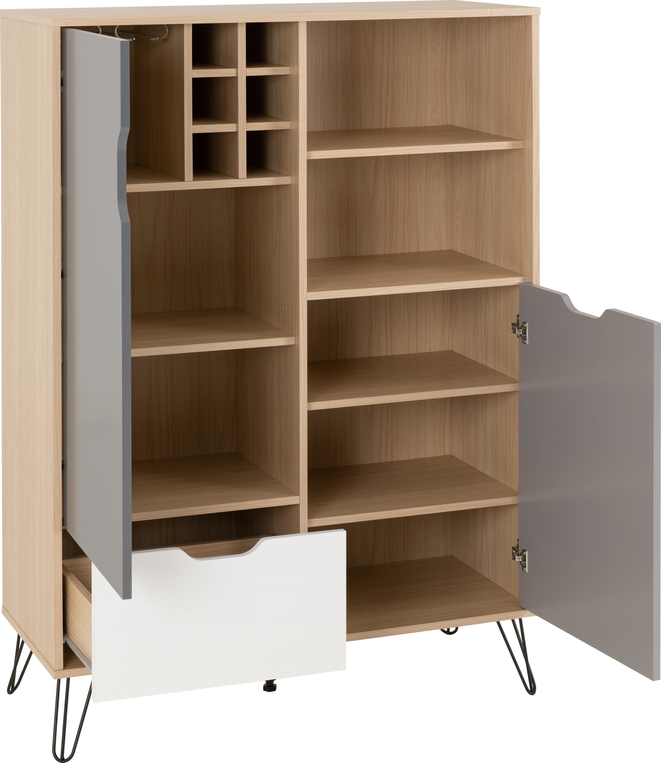 BERGEN TALL SIDEBOARD/WINE RACK - OAK EFFECT/WHITE/GREY