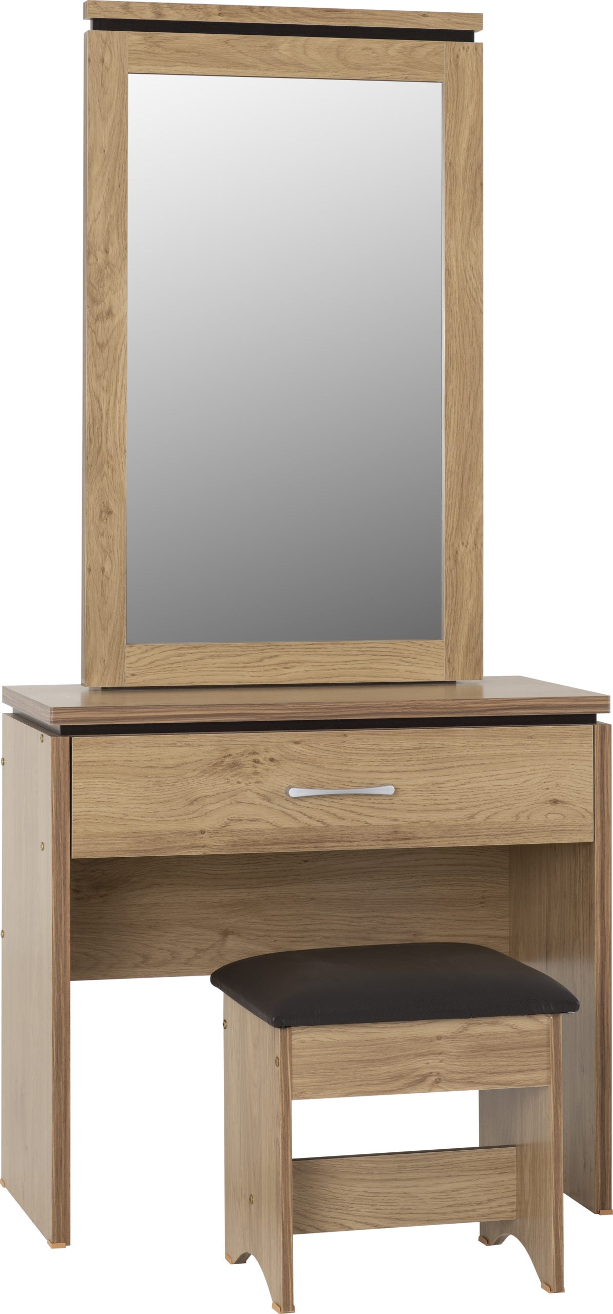 CHARLES 1 DRAWER DRESSING TABLE SET - OAK EFFECT VENEER/BROWN PU