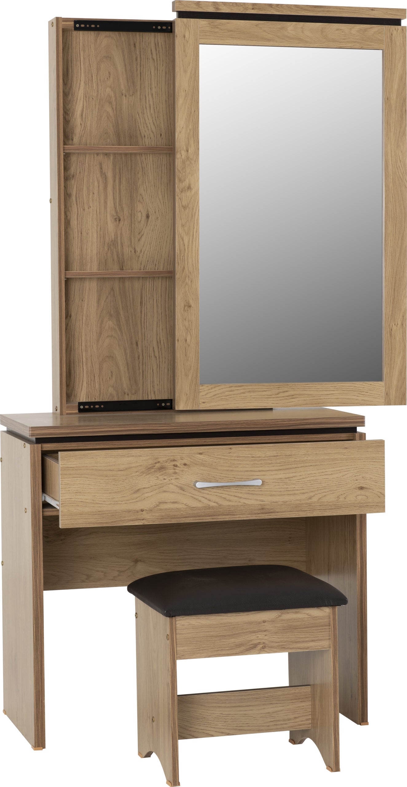 CHARLES 1 DRAWER DRESSING TABLE SET - OAK EFFECT VENEER/BROWN PU