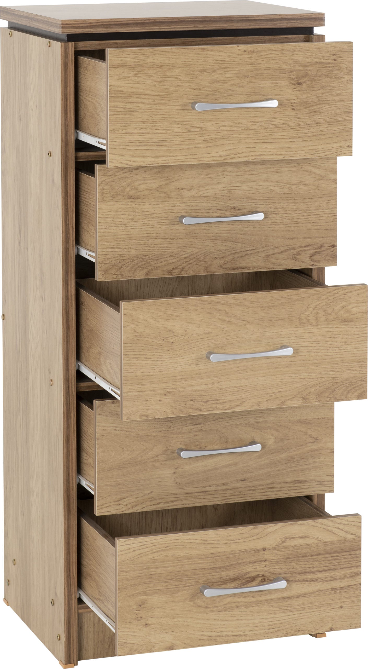 CHARLES 5 DRAWER NARROW CHEST - OAK EFFECT VENEER