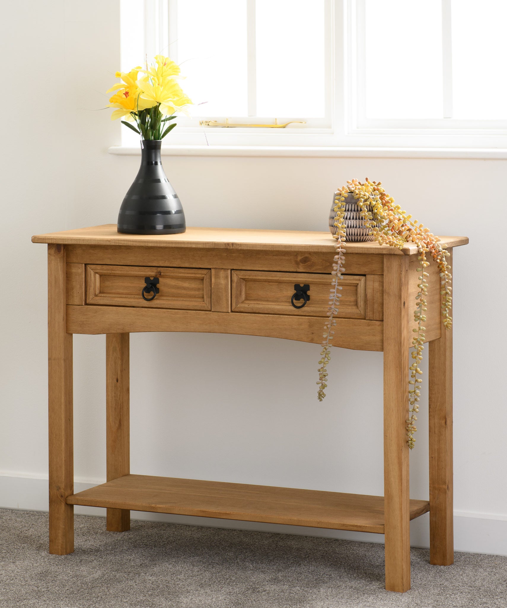 CORONA 2 DRAWER CONSOLE TABLE WITH SHELF - DISTRESSED WAXED PINE