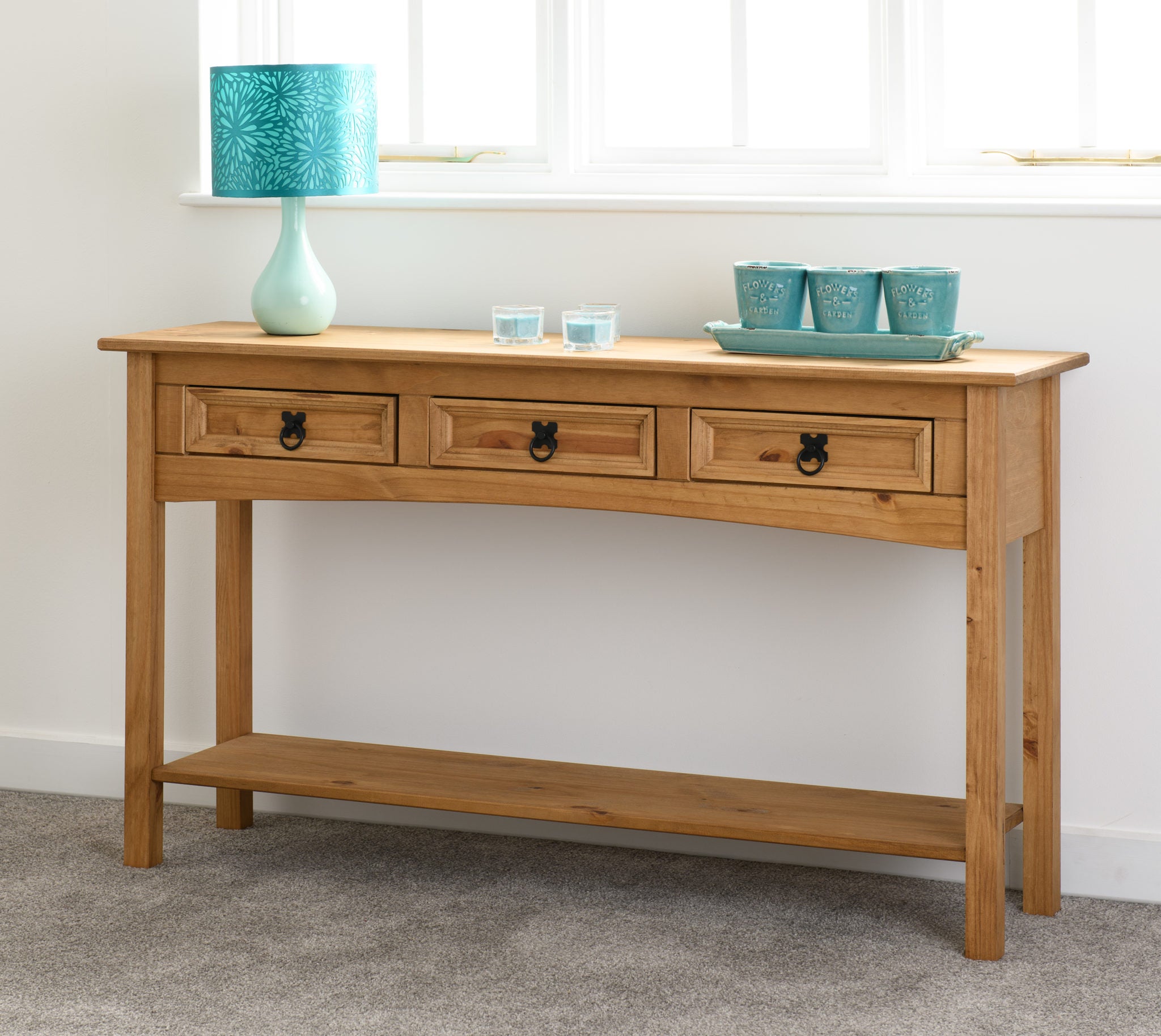 CORONA 3 DRAWER CONSOLE TABLE WITH SHELF - DISTRESSED WAXED PINE