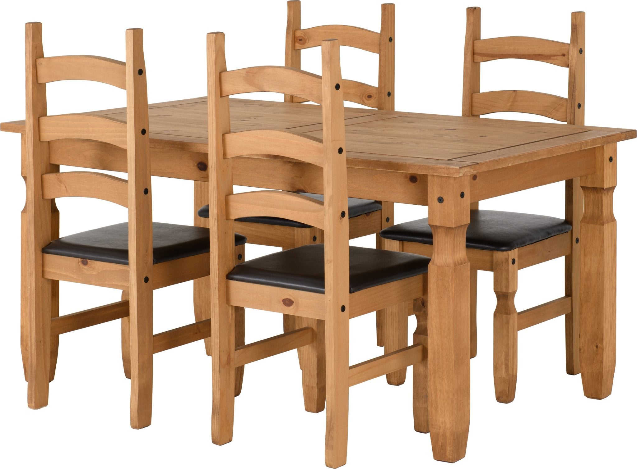 CORONA 5' DINING SET (X4 CHAIRS) - DISTRESSED WAXED PINE/BROWN PU