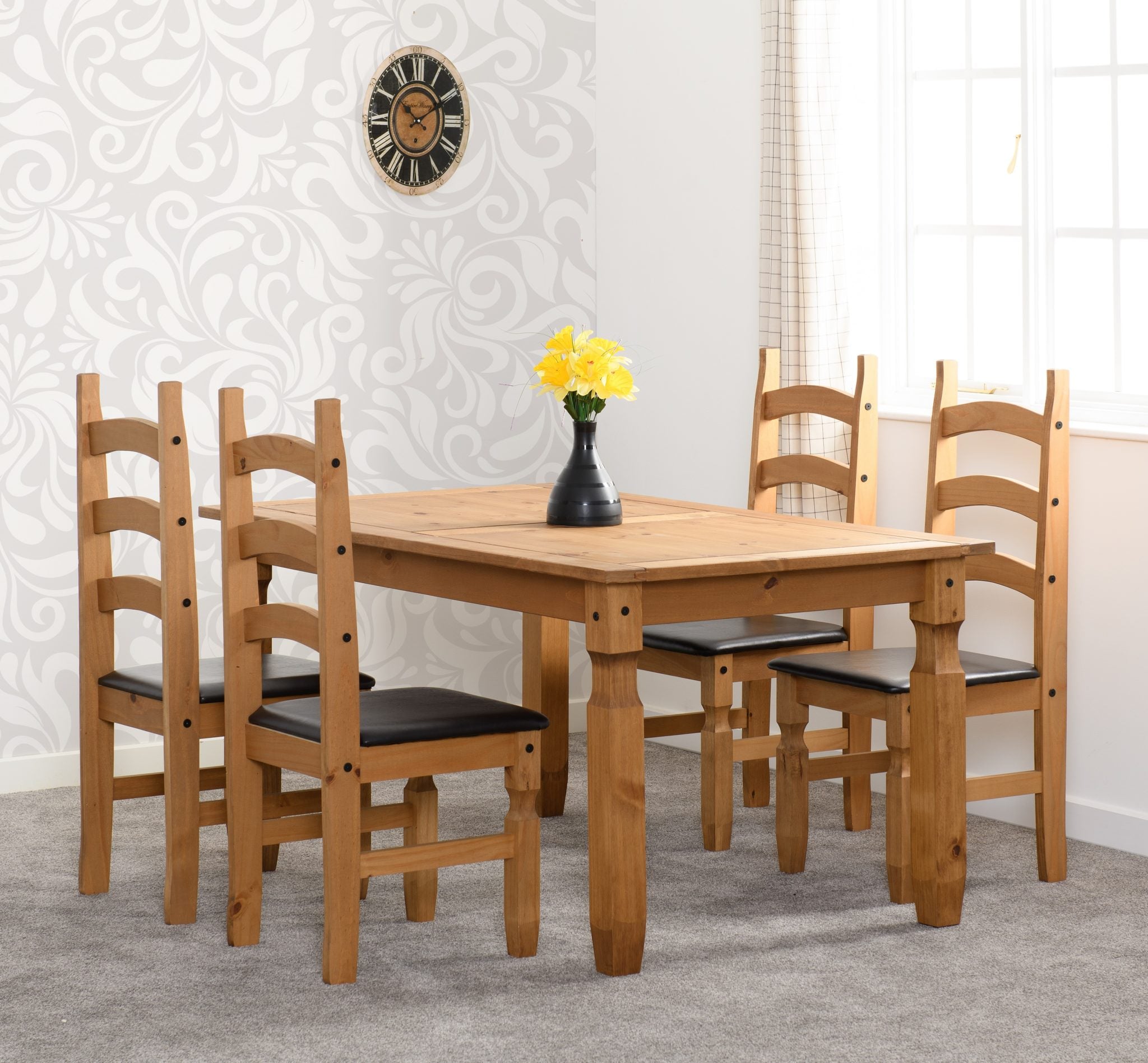 CORONA 5' DINING SET (X4 CHAIRS) - DISTRESSED WAXED PINE/BROWN PU