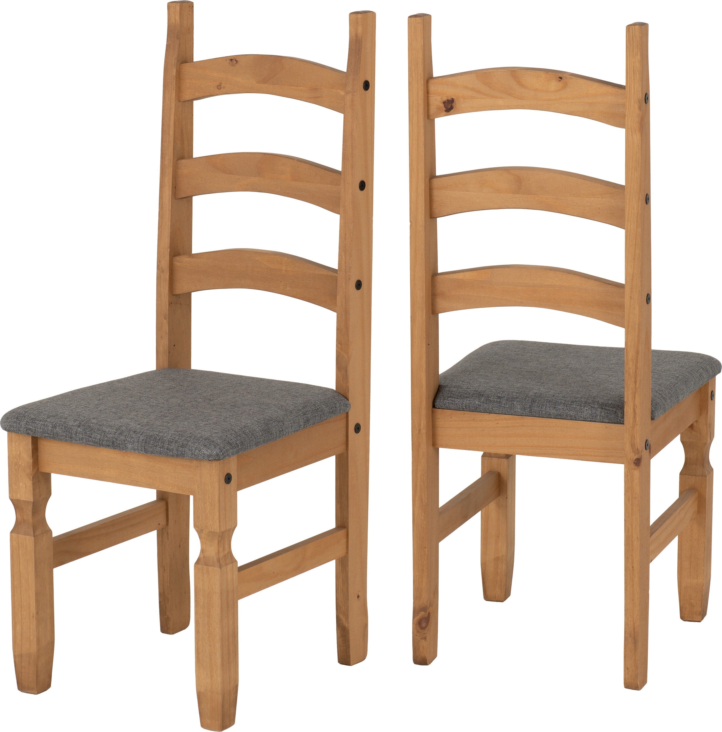 CORONA DINING CHAIR (PAIR) - DISTRESSED WAXED PINE/GREY FABRIC