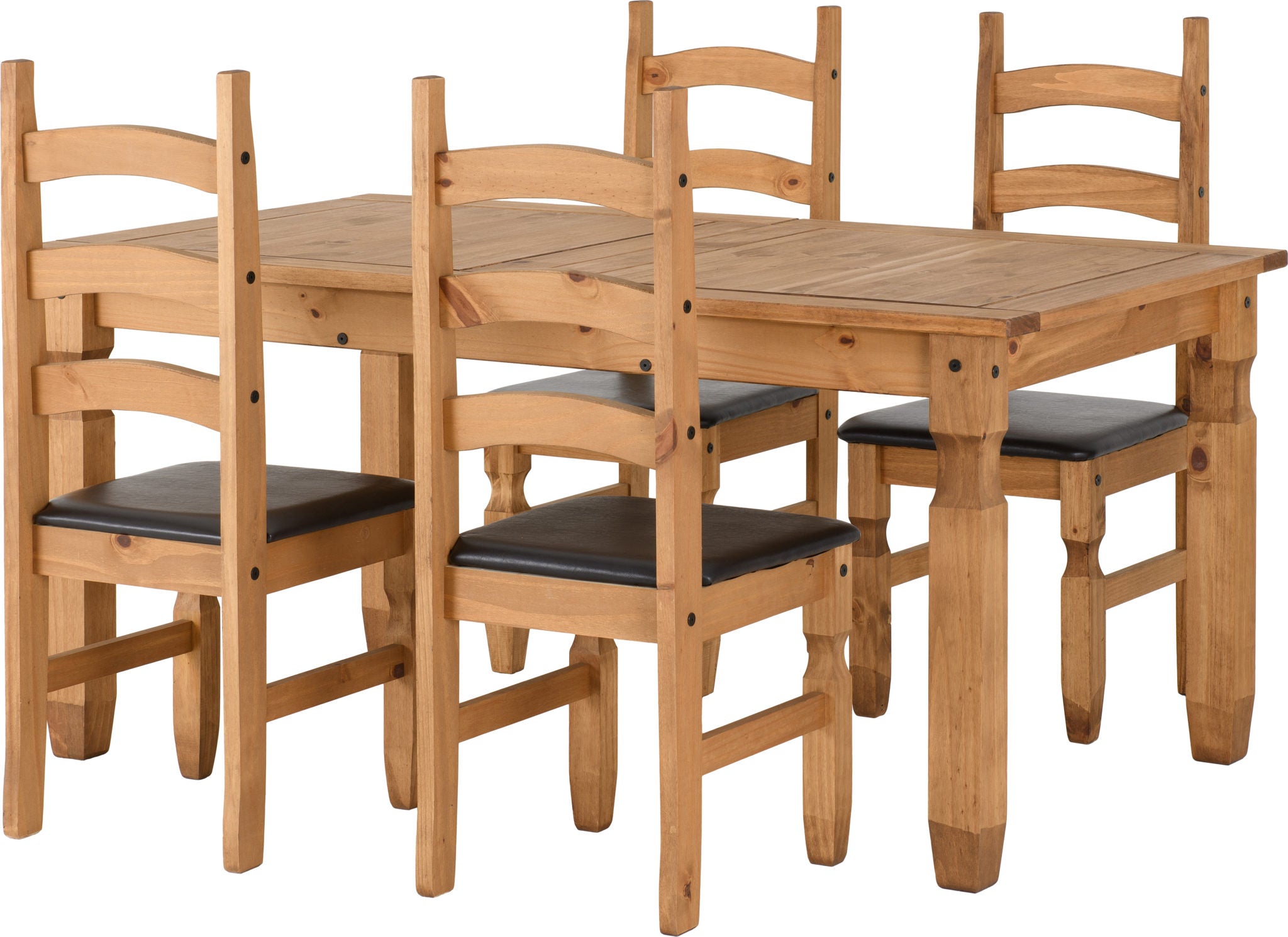 CORONA EXTENDING DINING SET (X4 CHAIRS) - DISTRESSED WAXED PINE/BROWN PU