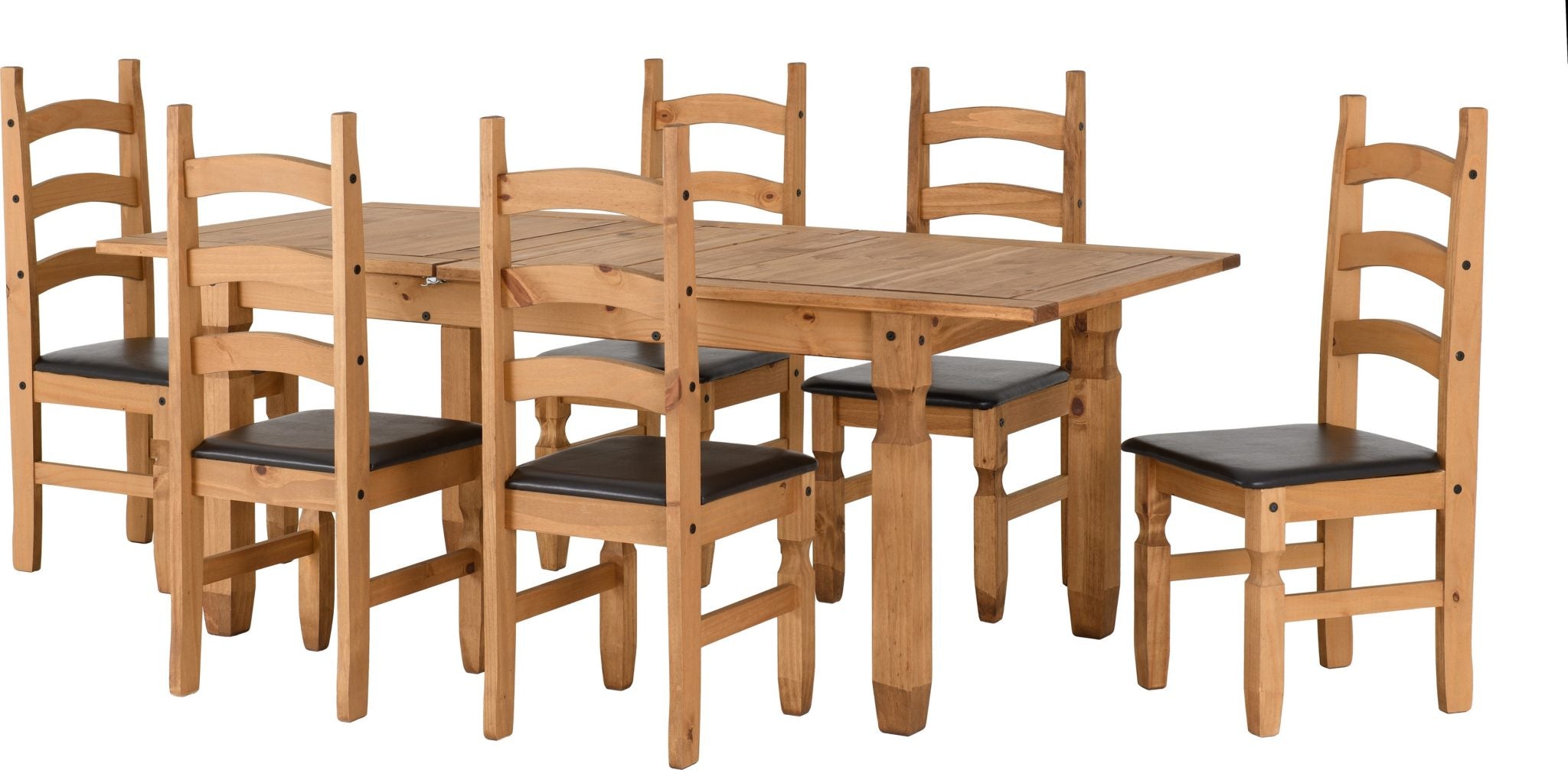 CORONA EXTENDING DINING SET (X6 CHAIRS) - DISTRESSED WAXED PINE/BROWN PU