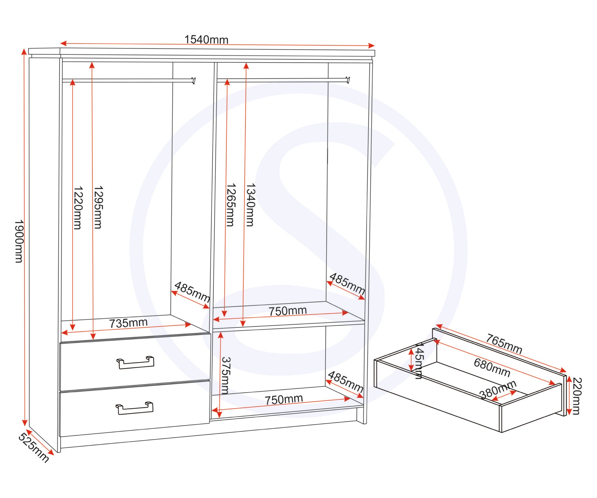 CHARLES 4 DOOR 2 DRAWER WARDROBE - WHITE