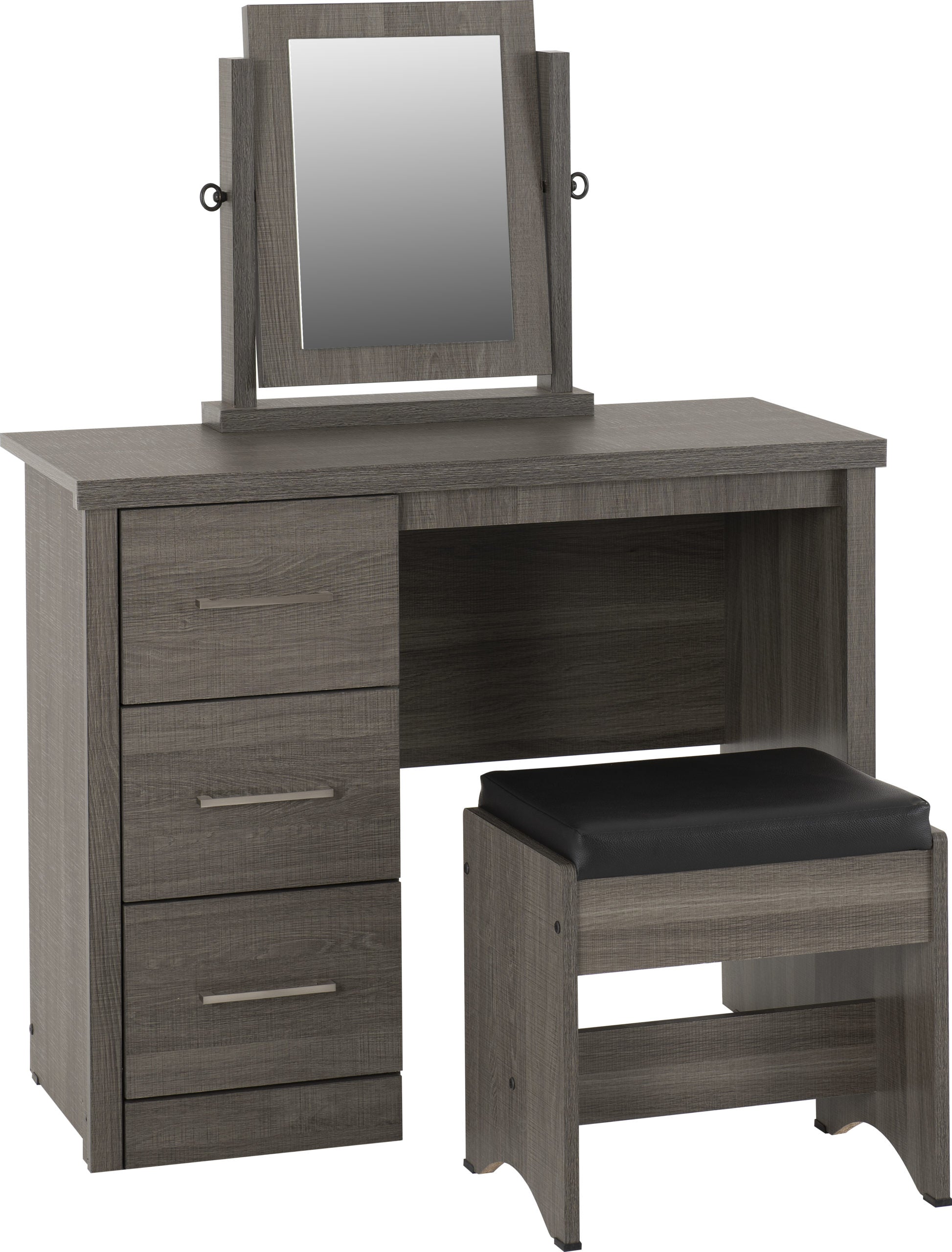 LISBON 3PC DRESSING TABLE SET (WITH MIRROR) - BLACK WOOD GRAIN/BLACK PU