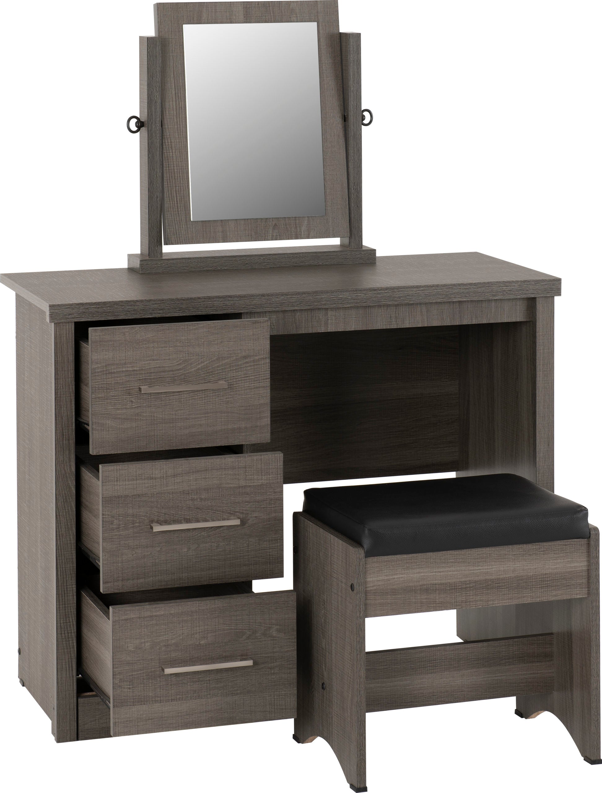 LISBON 3PC DRESSING TABLE SET (WITH MIRROR) - BLACK WOOD GRAIN/BLACK PU