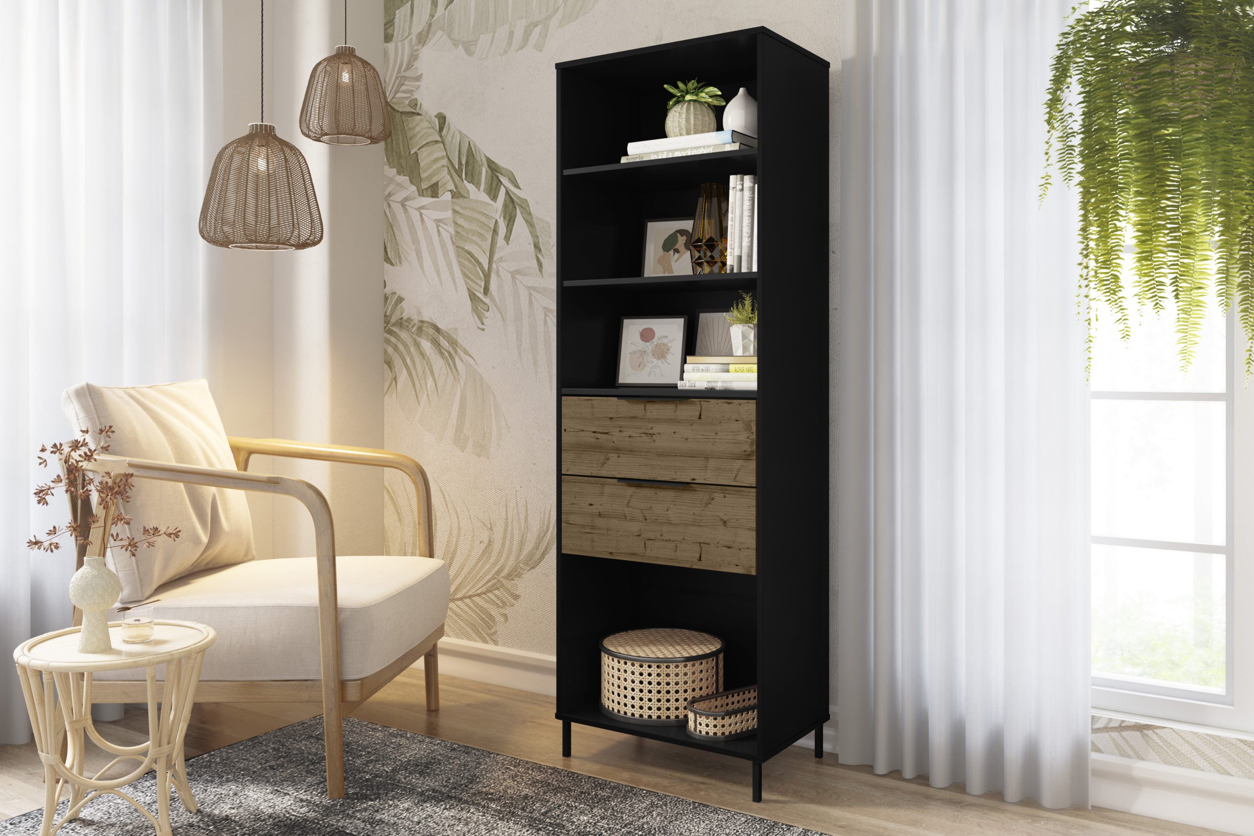 MADRID BOOKCASE - BLACK/ACACIA EFFECT