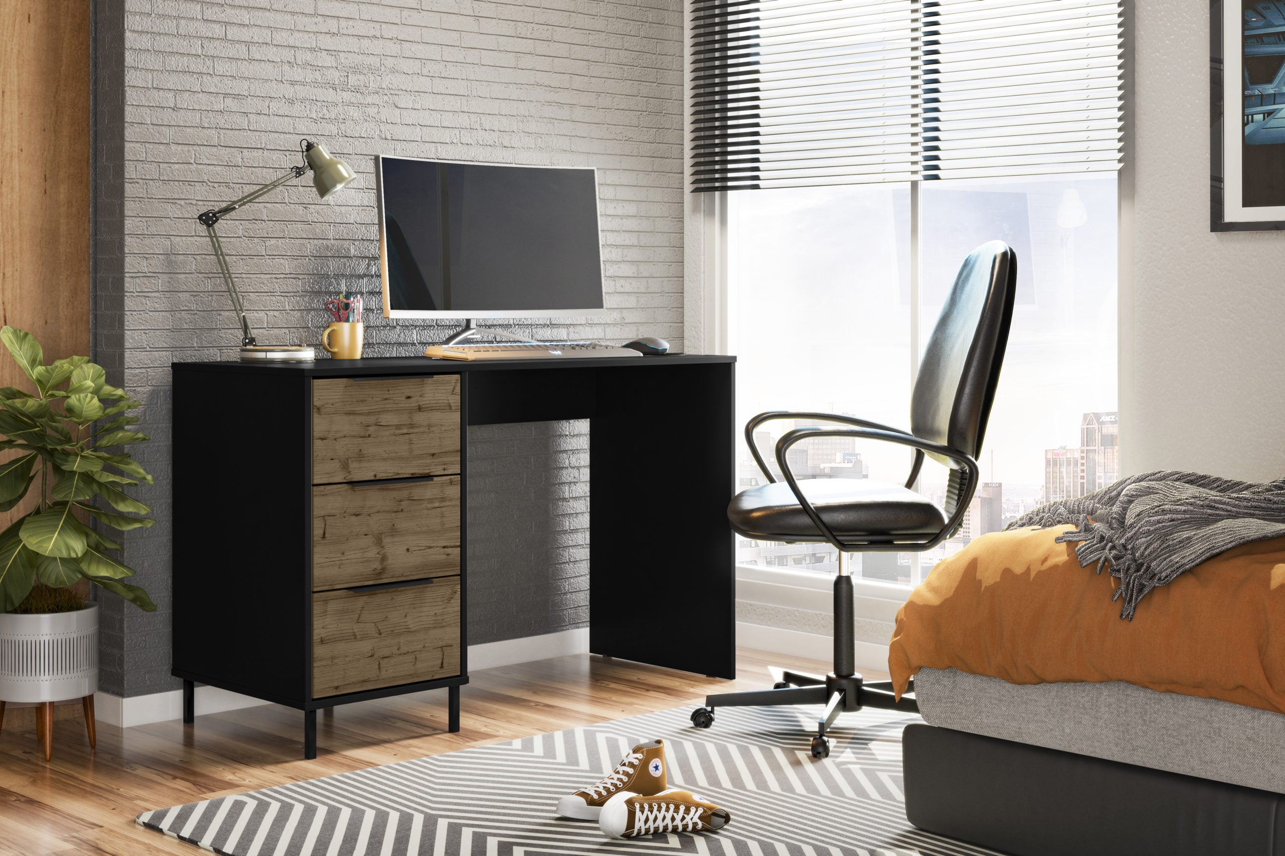 MADRID COMPUTER DESK - BLACK/ACACIA EFFECT