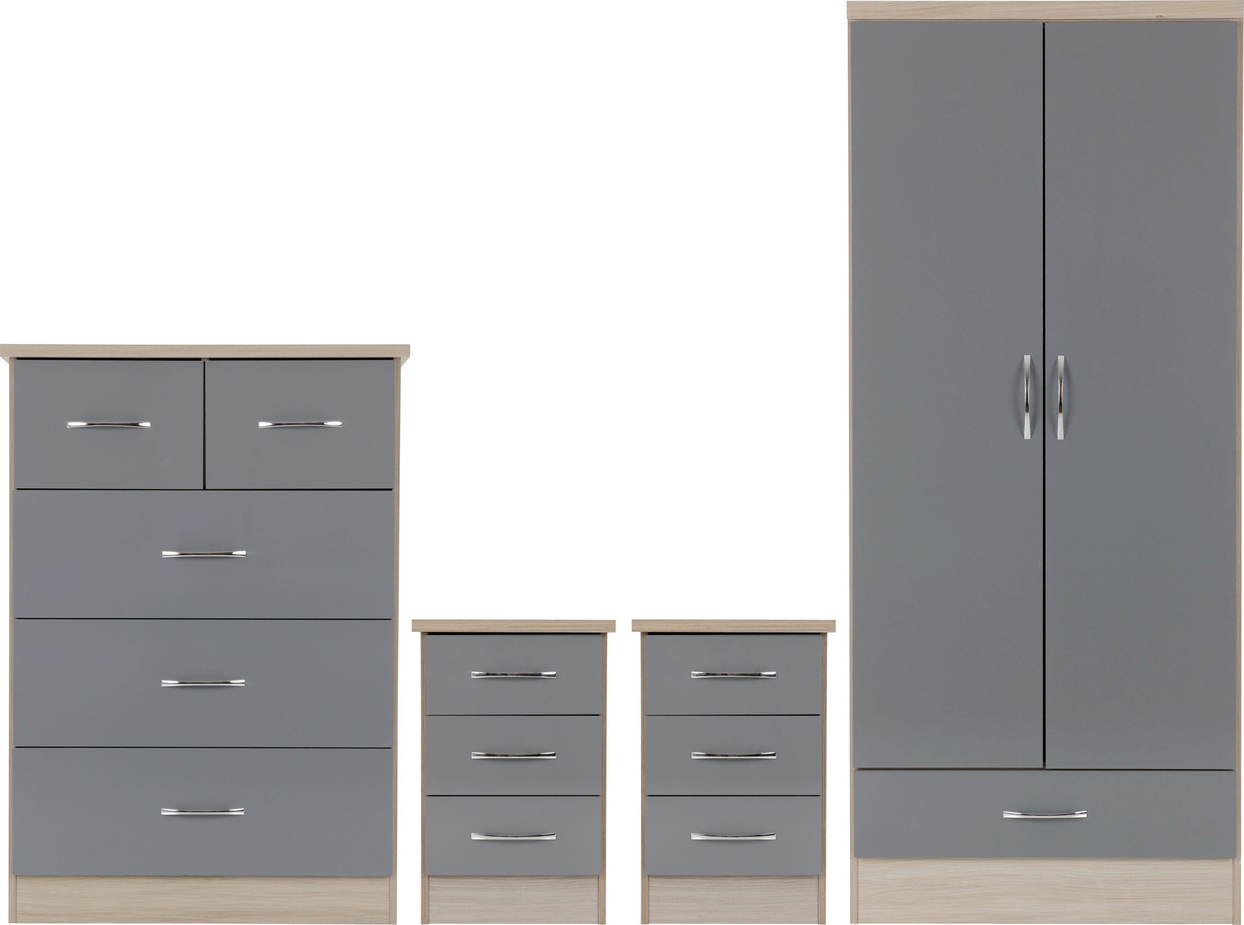 NEVADA 2 DOOR 1 DRAWER WARDROBE BEDROOM SET - GREY GLOSS/LIGHT OAK EFFECT  VENEER