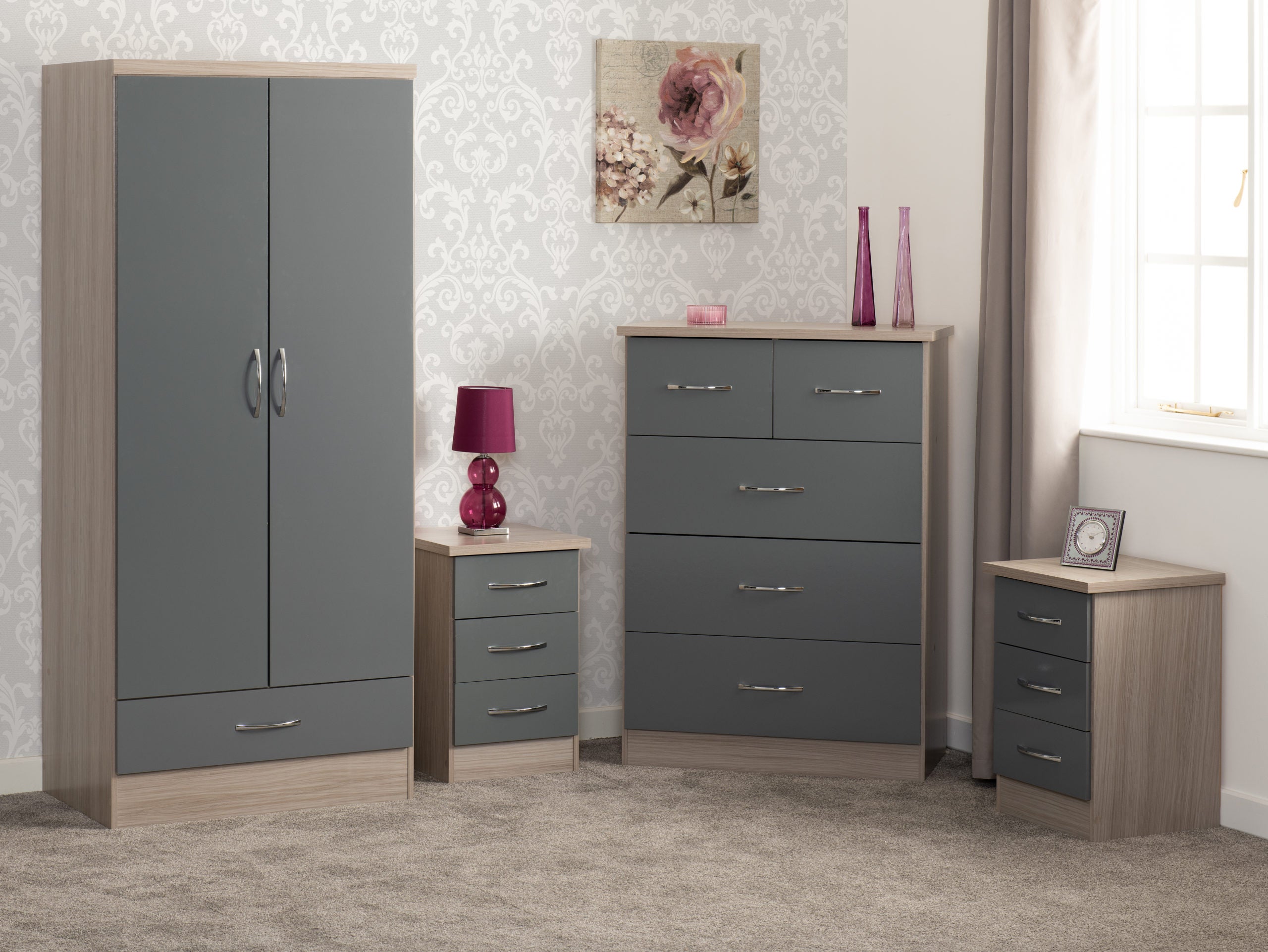 NEVADA 2 DOOR 1 DRAWER WARDROBE BEDROOM SET - GREY GLOSS/LIGHT OAK EFFECT  VENEER