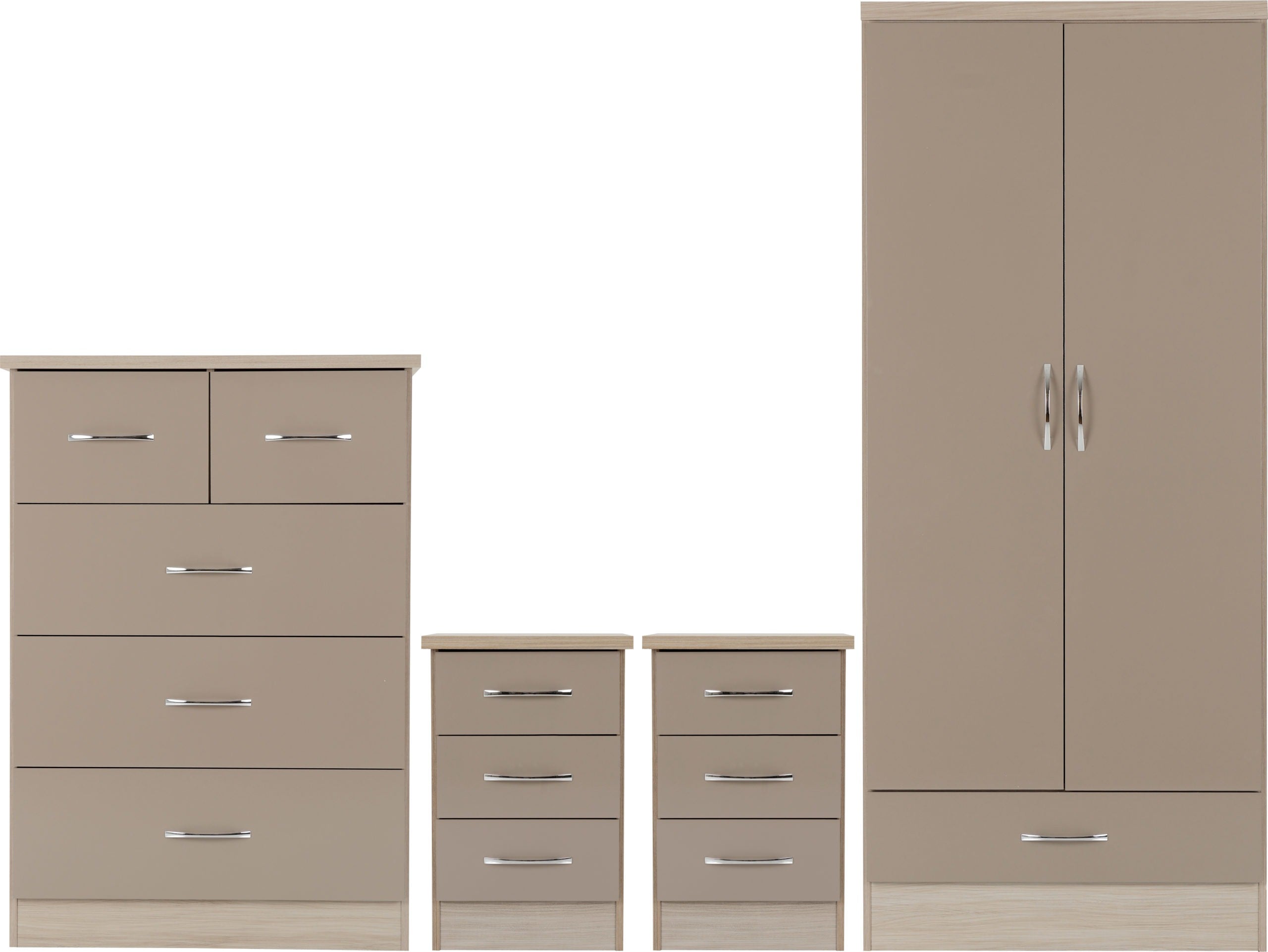 NEVADA 2 DOOR 1 DRAWER WARDROBE BEDROOM SET - OYSTER GLOSS/LIGHT OAK EFFE CT VENEER