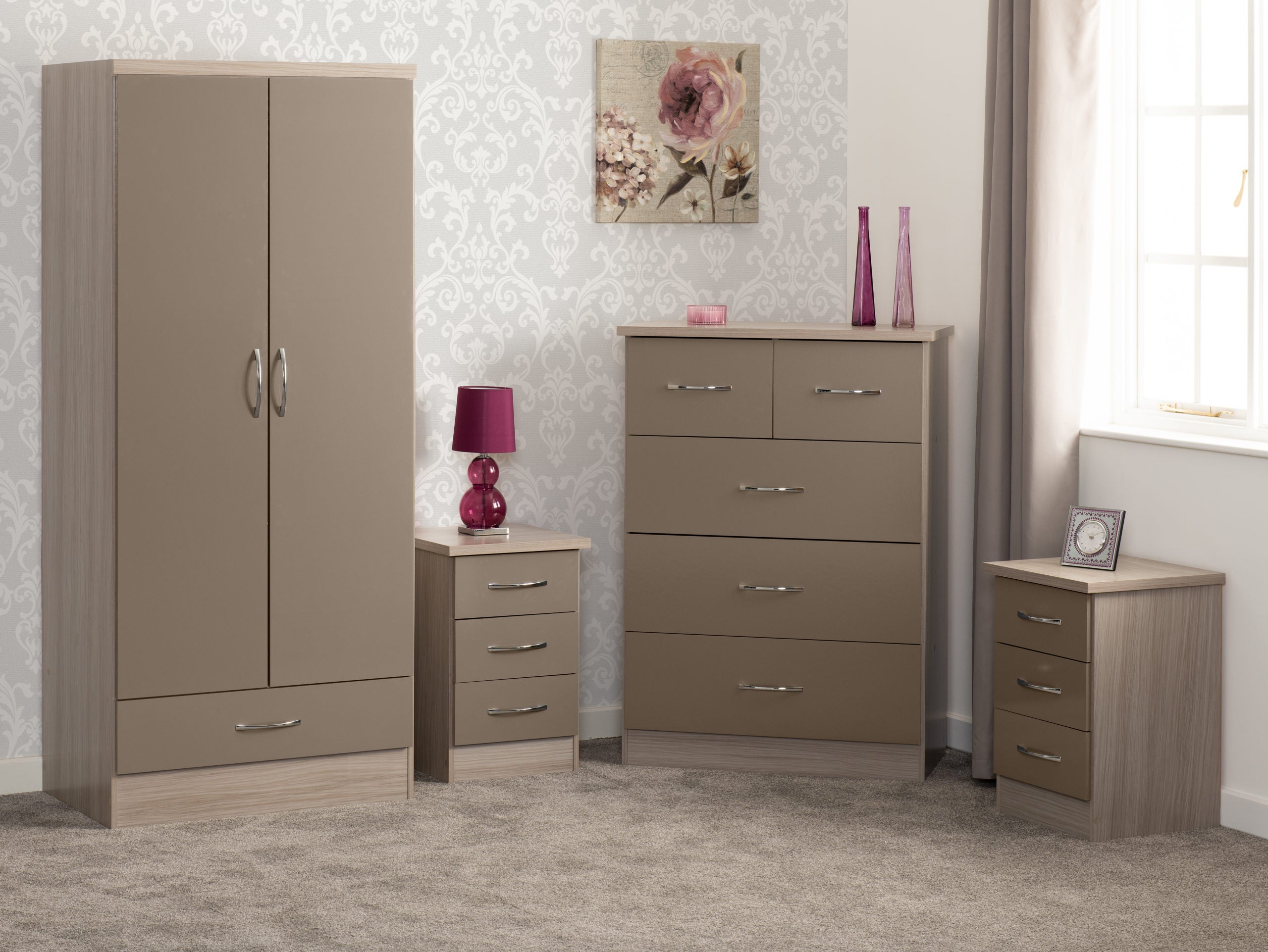 NEVADA 2 DOOR 1 DRAWER WARDROBE BEDROOM SET - OYSTER GLOSS/LIGHT OAK EFFE CT VENEER