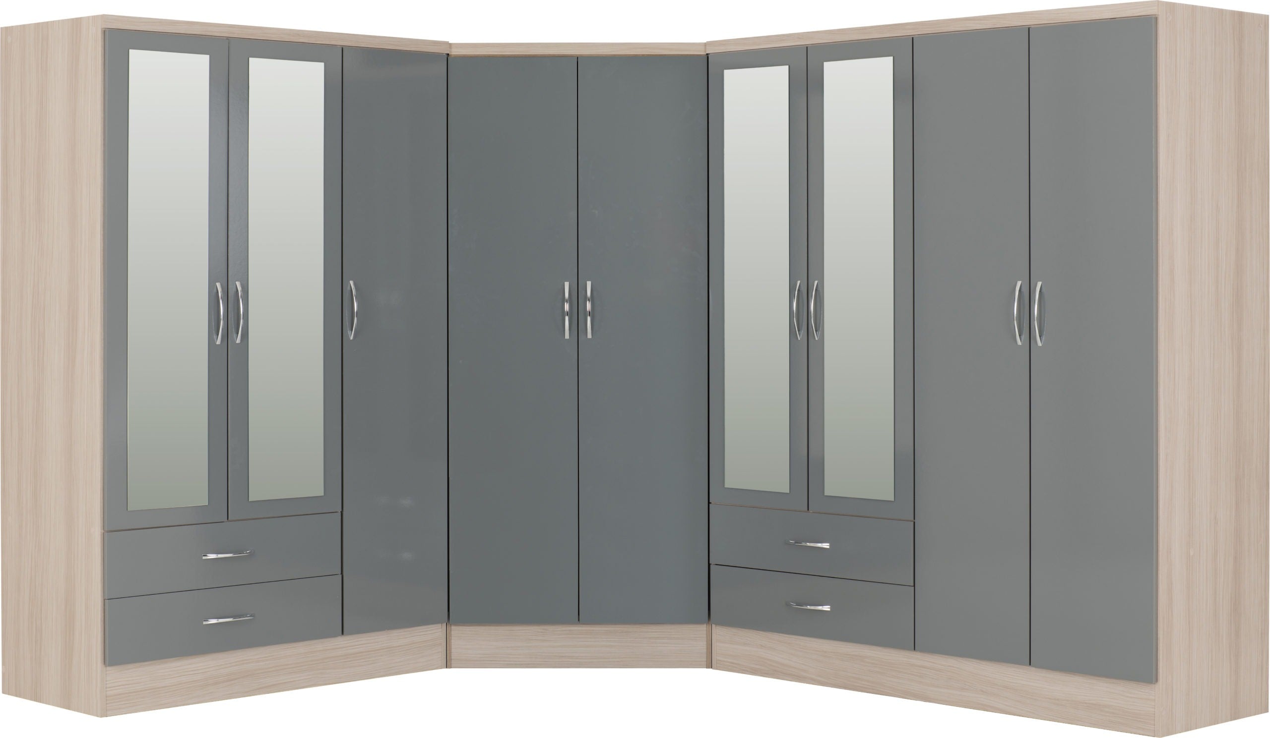 NEVADA 2 DOOR CORNER WARDROBE - GREY GLOSS/LIGHT OAK EFFECT VENEER