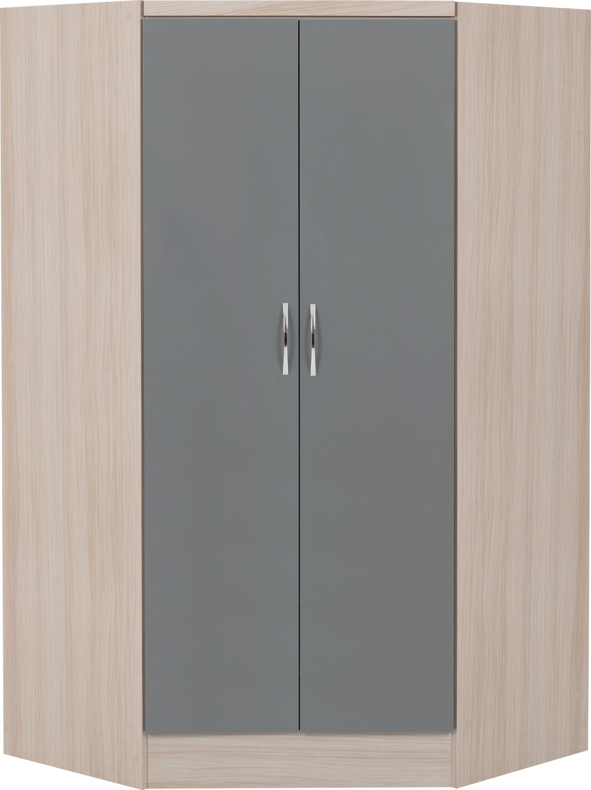 NEVADA 2 DOOR CORNER WARDROBE - GREY GLOSS/LIGHT OAK EFFECT VENEER