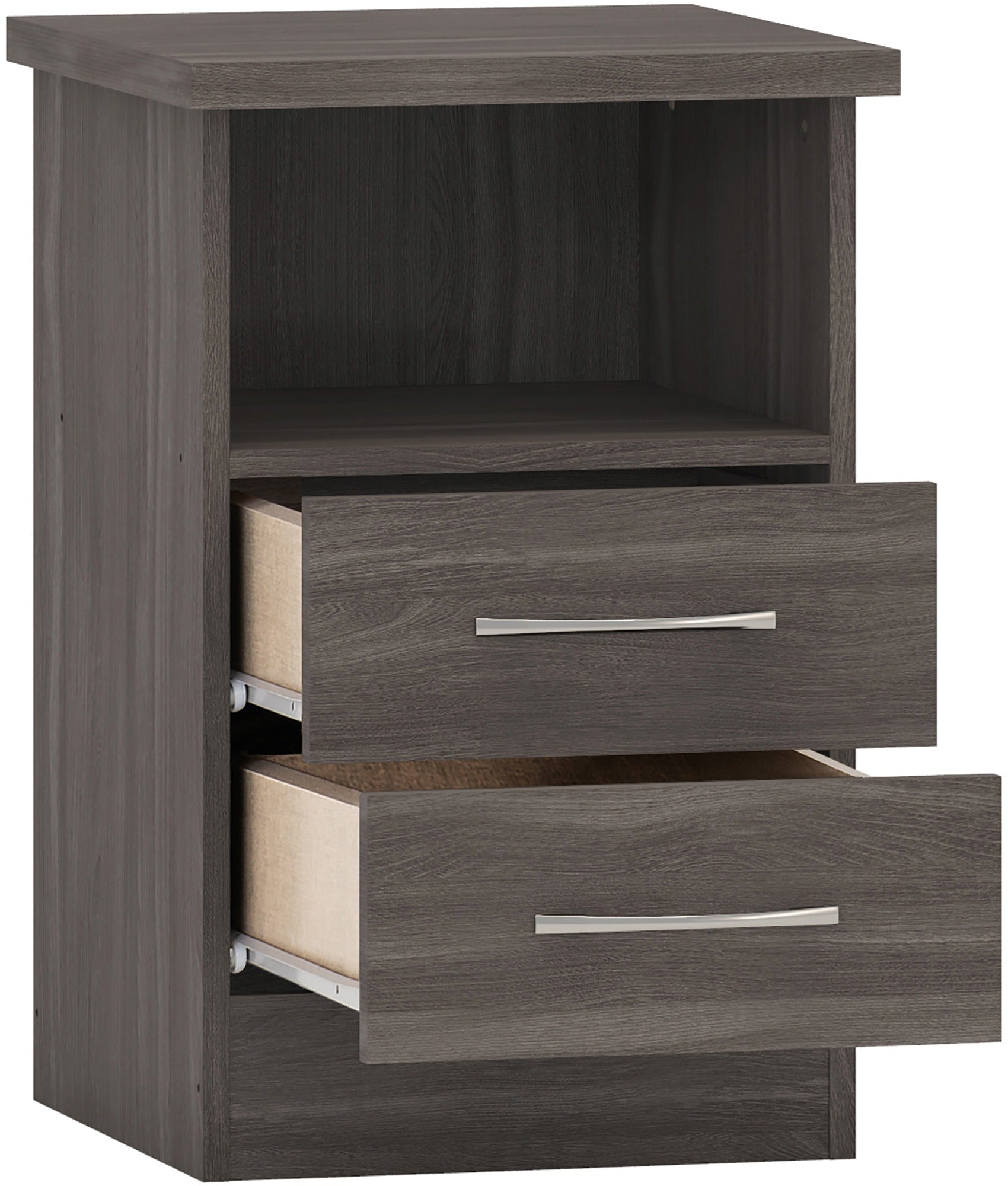 NEVADA 2 DRAWER BEDSIDE - BLACK WOOD GRAIN