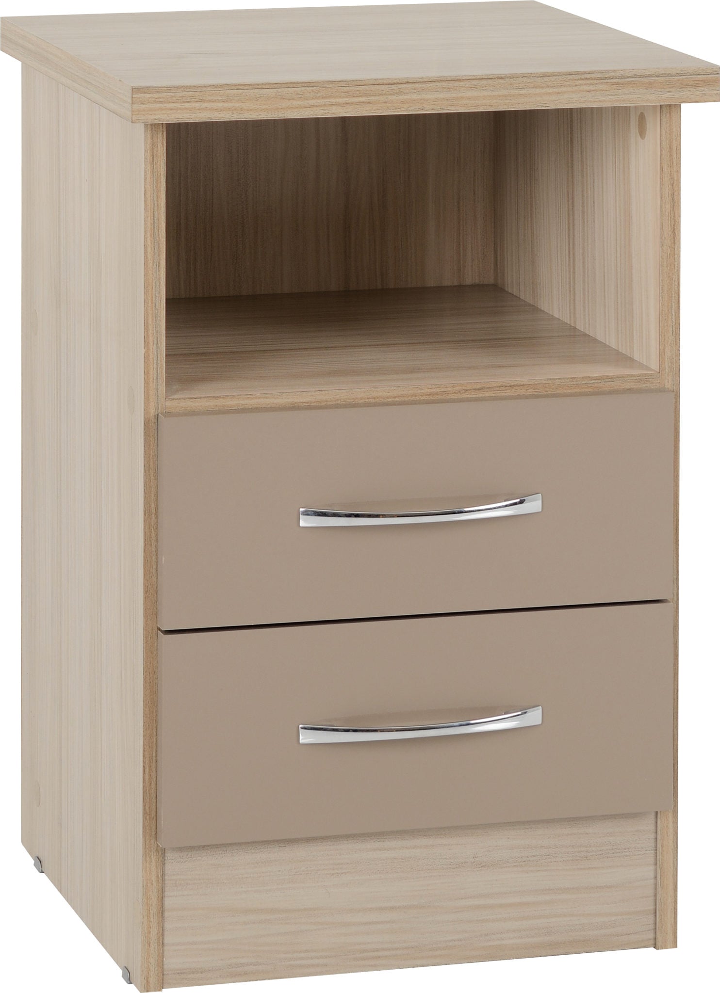 NEVADA 2 DRAWER BEDSIDE - OYSTER GLOSS/LIGHT OAK EFFECT VENEER