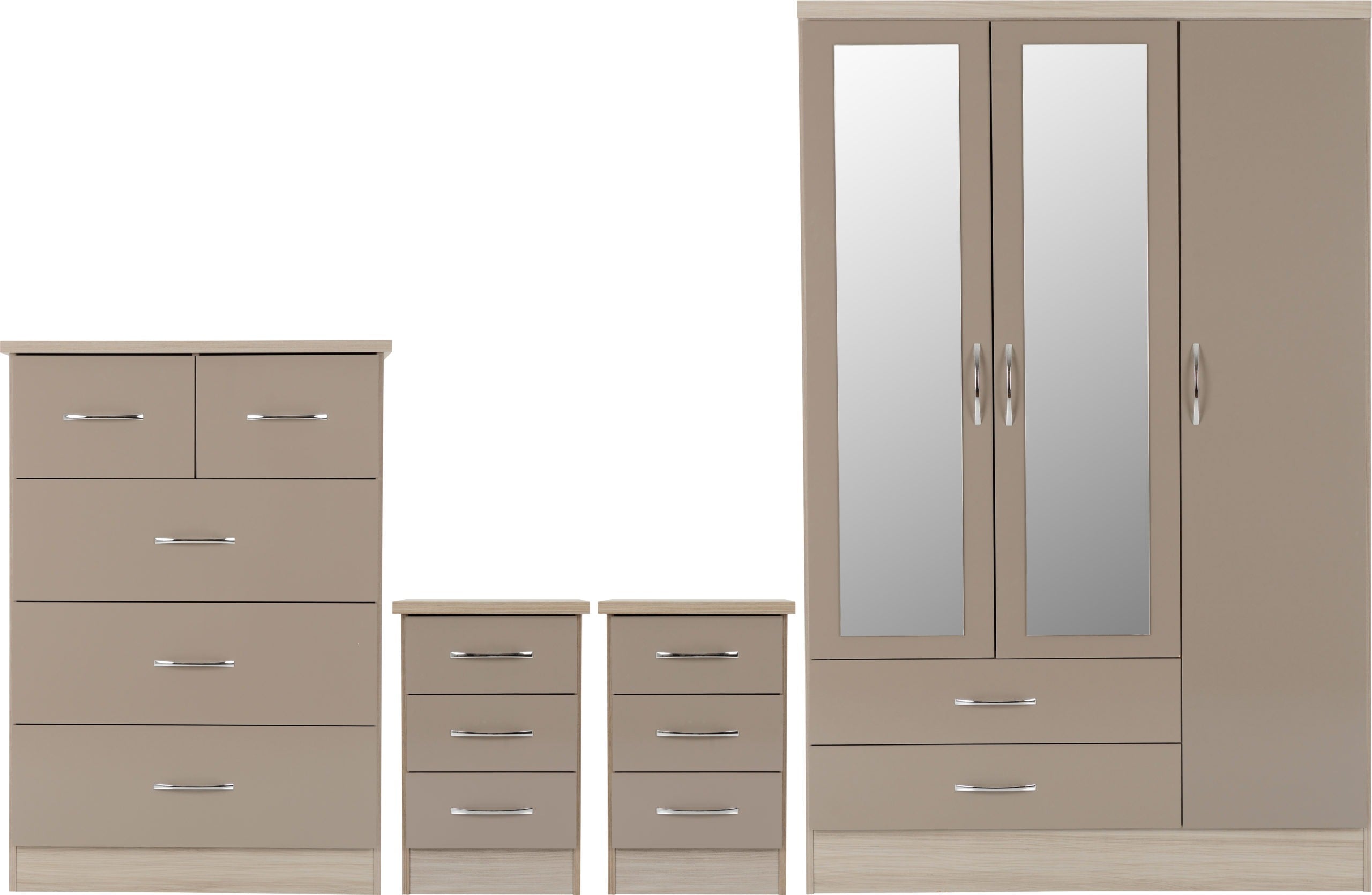 NEVADA 3 DOOR 2 DRAWER WARDROBE BEDROOM SET - OYSTER GLOSS/LIGHT OAK EFFEC T VENEER