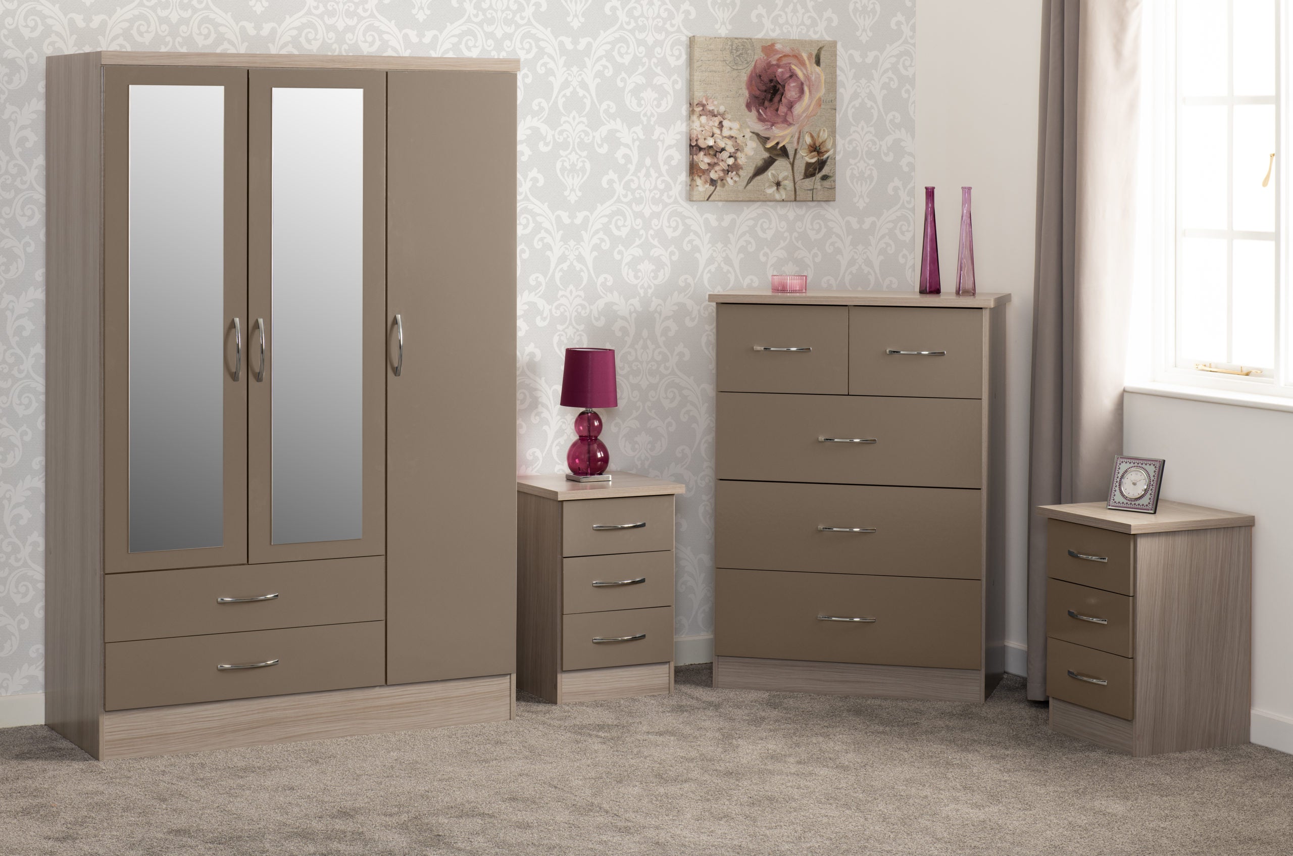 NEVADA 3 DOOR 2 DRAWER WARDROBE BEDROOM SET - OYSTER GLOSS/LIGHT OAK EFFEC T VENEER