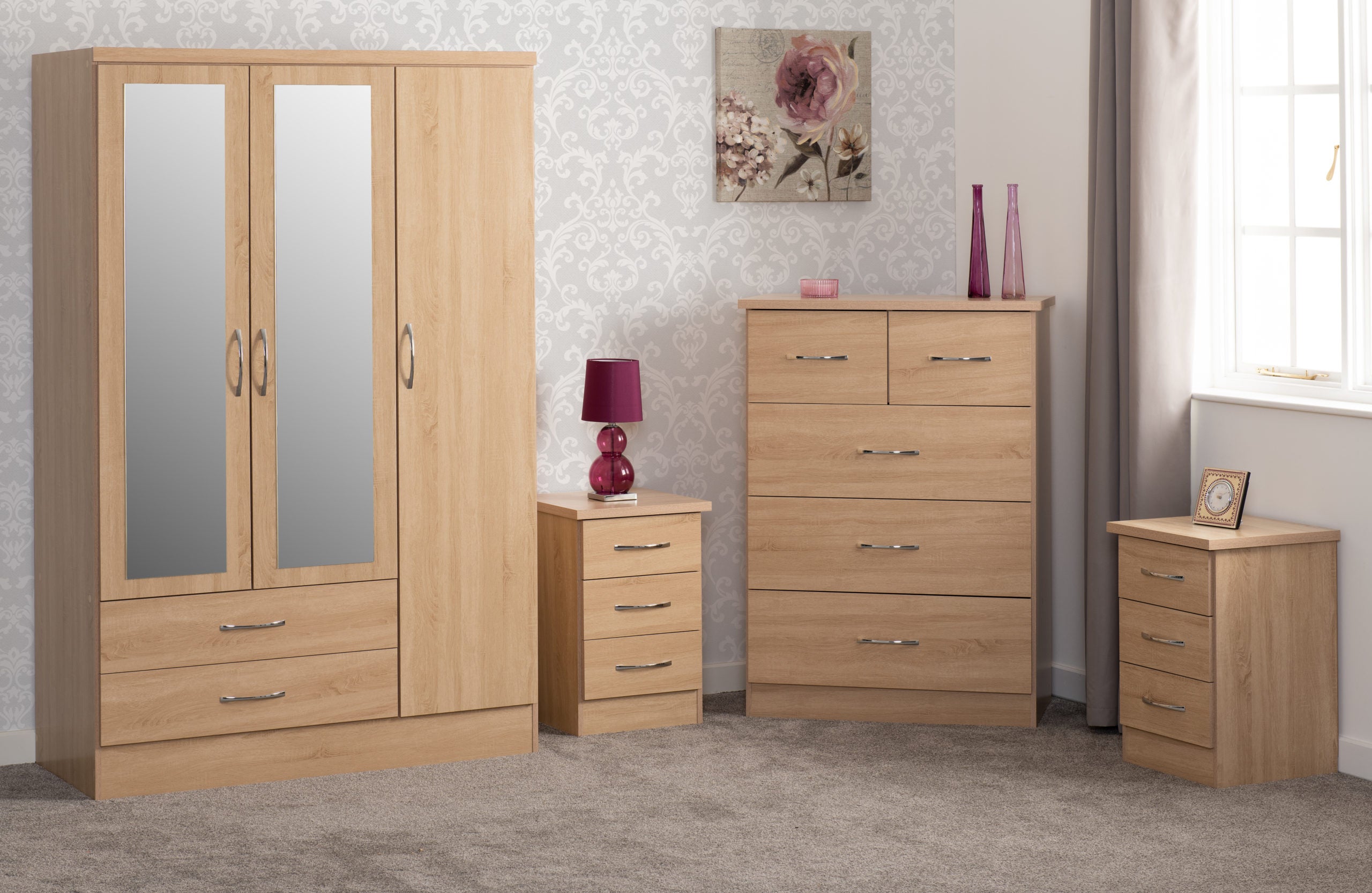 NEVADA 3 DOOR 2 DRAWER WARDROBE BEDROOM SET - SONOMA OAK EFFECT