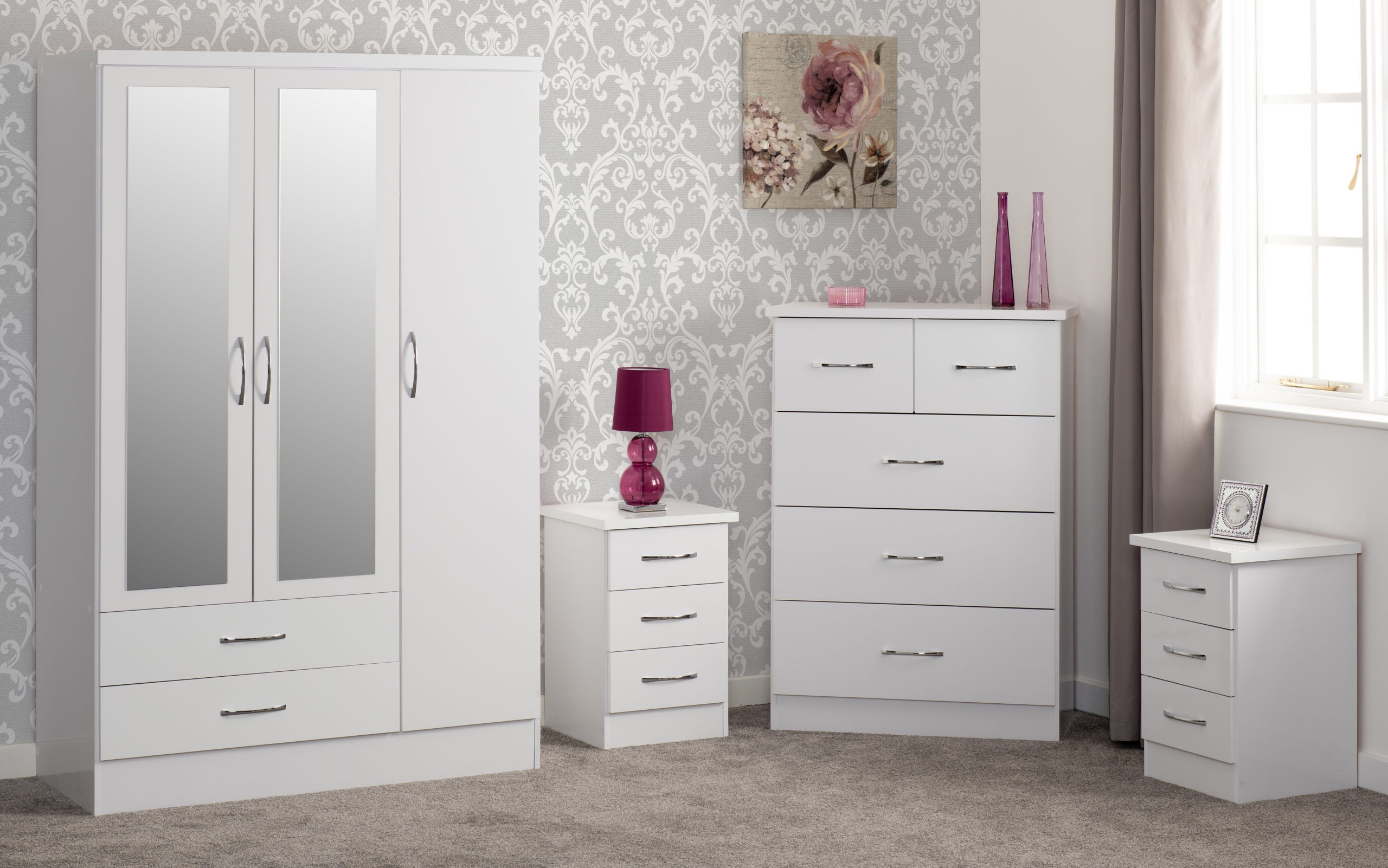 NEVADA 3 DOOR 2 DRAWER WARDROBE BEDROOM SET - WHITE GLOSS