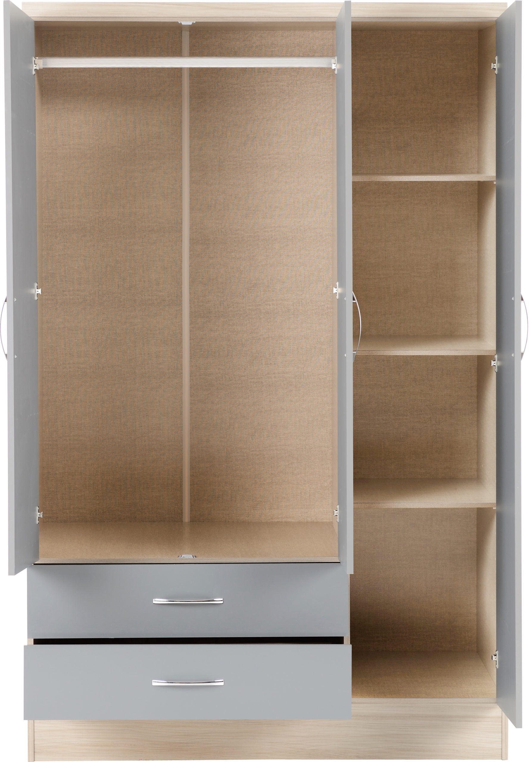 NEVADA 3 DOOR 2 DRAWER WARDROBE - GREY GLOSS/LIGHT OAK EFFECT VENEER