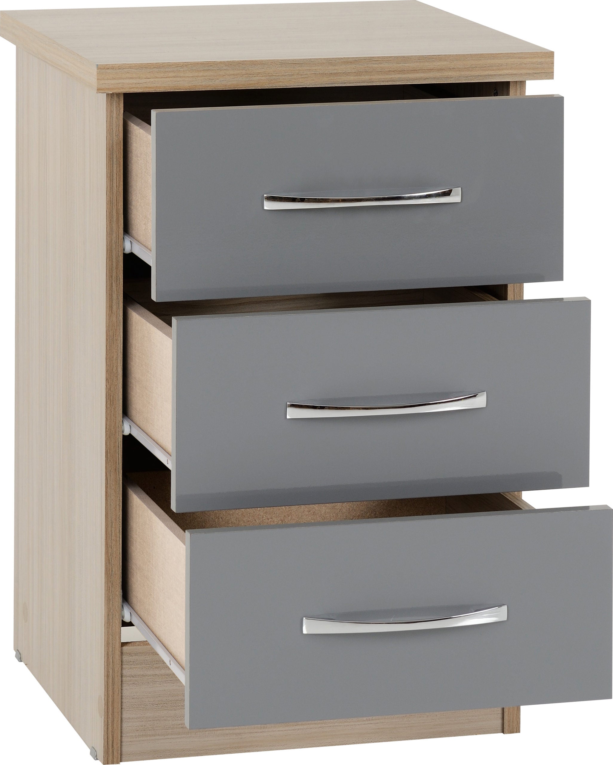 NEVADA 3 DRAWER BEDSIDE - GREY GLOSS/LIGHT OAK EFFECT VENEER