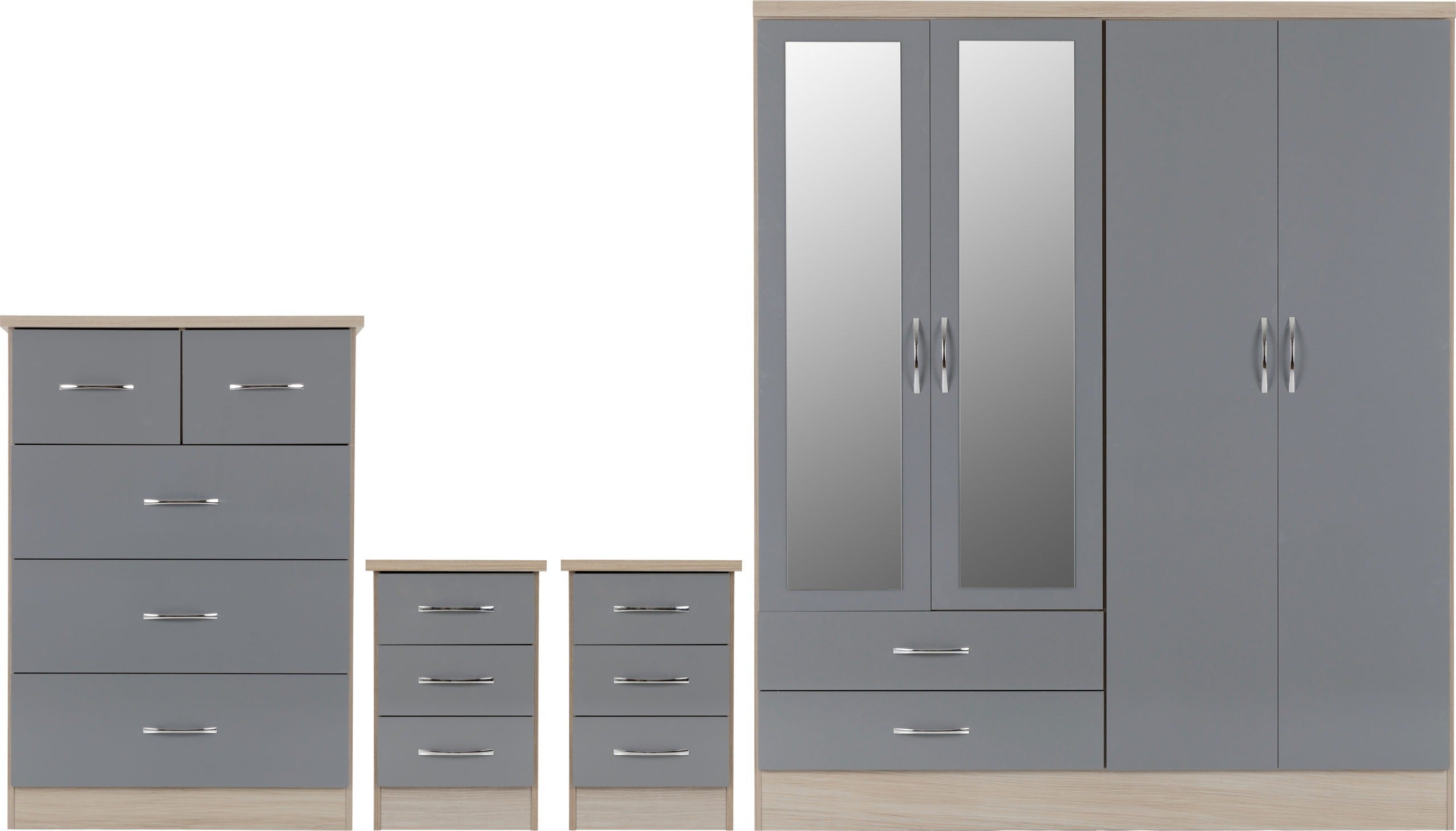 NEVADA 4 DOOR 2 DRAWER WARDROBE BEDROOM SET - GREY GLOSS/LIGHT OAK EFFECT  VENEER