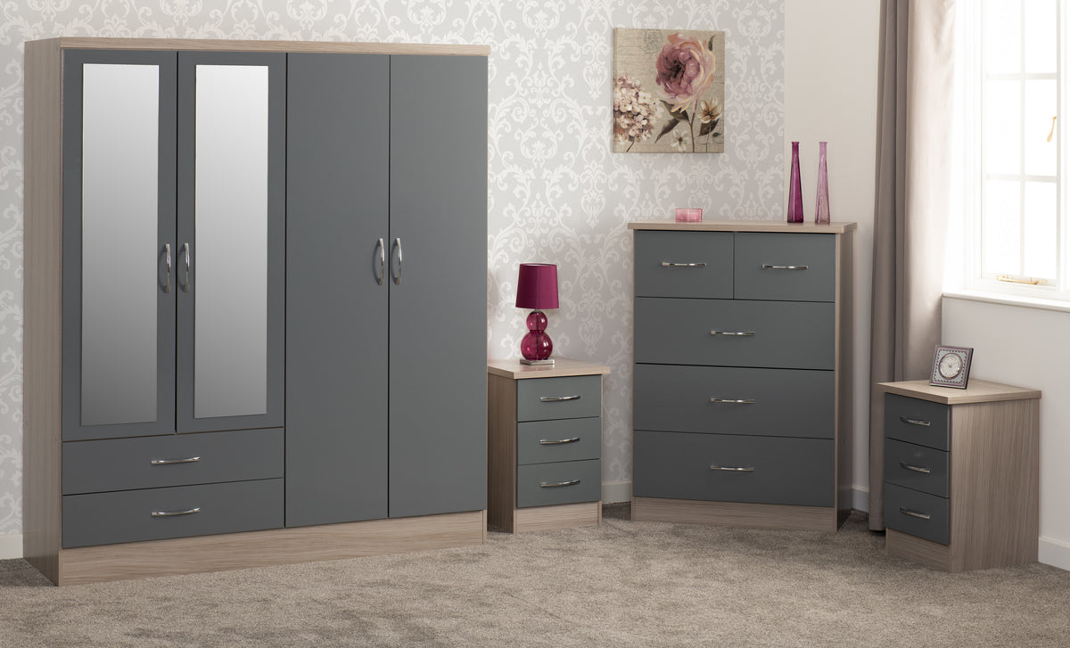 NEVADA 4 DOOR 2 DRAWER WARDROBE BEDROOM SET - GREY GLOSS/LIGHT OAK EFFECT  VENEER