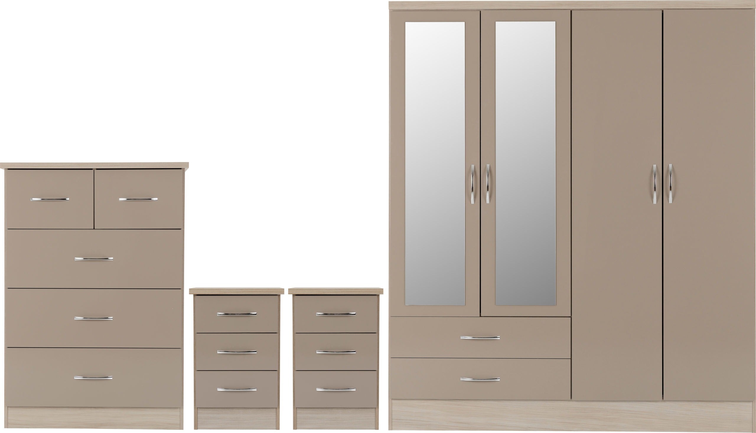 NEVADA 4 DOOR 2 DRAWER WARDROBE BEDROOM SET - OYSTER GLOSS/LIGHT OAK EFFE C T VENEER