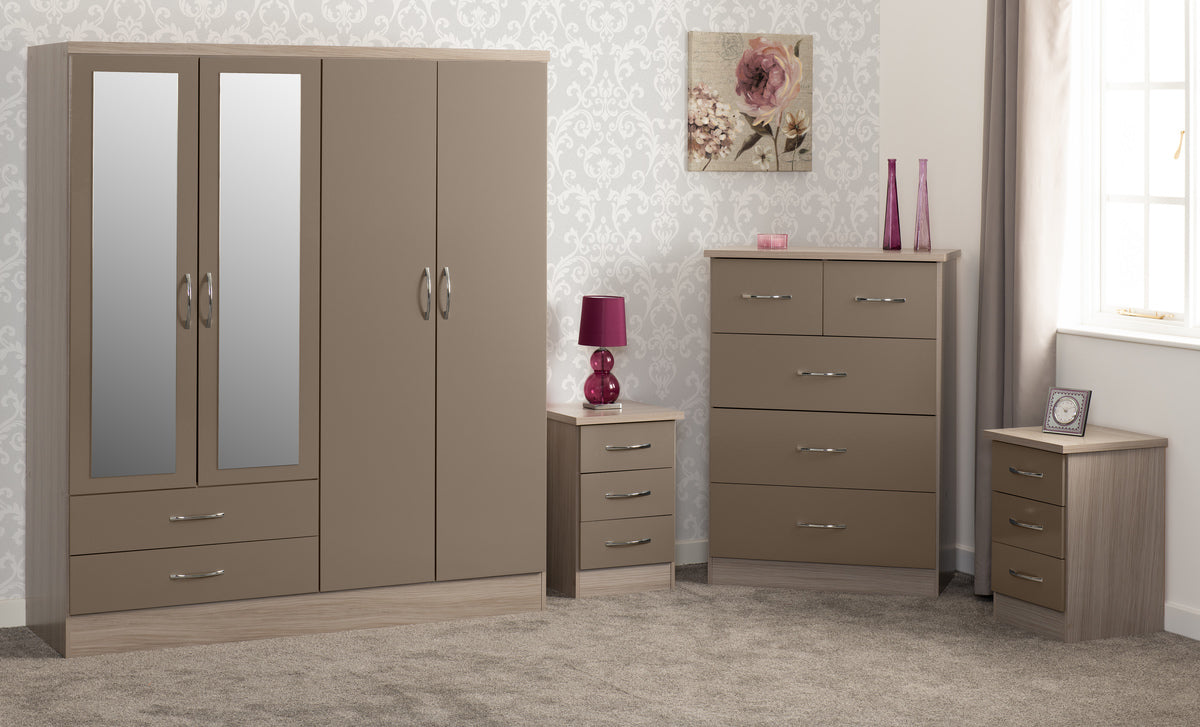 NEVADA 4 DOOR 2 DRAWER WARDROBE BEDROOM SET - OYSTER GLOSS/LIGHT OAK EFFE C T VENEER