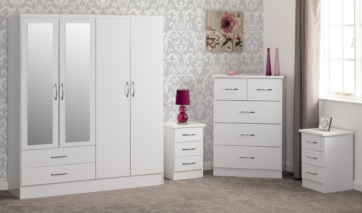 NEVADA 4 DOOR 2 DRAWER WARDROBE BEDROOM SET - WHITE GLOSS