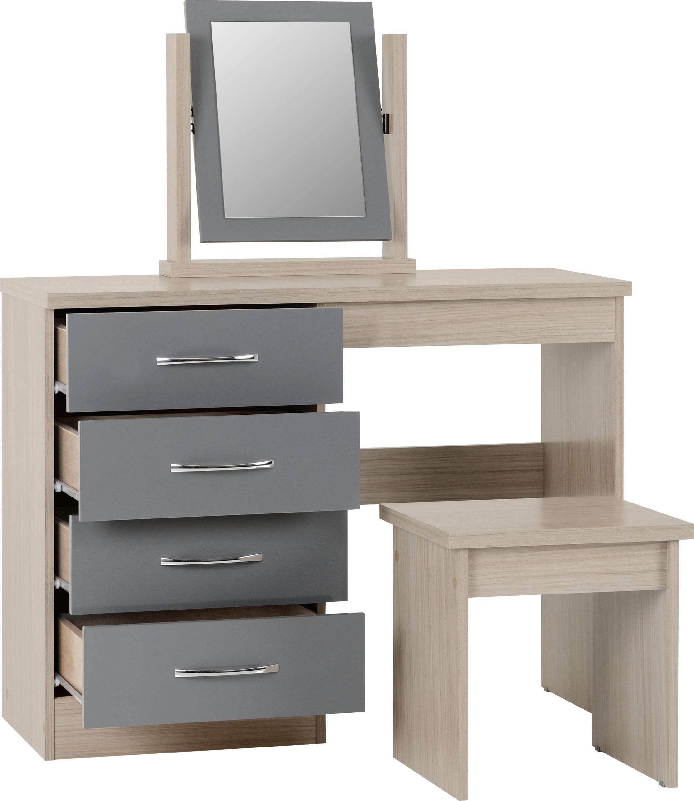 NEVADA DRESSING TABLE SET - GREY GLOSS/LIGHT OAK EFFECT VENEER