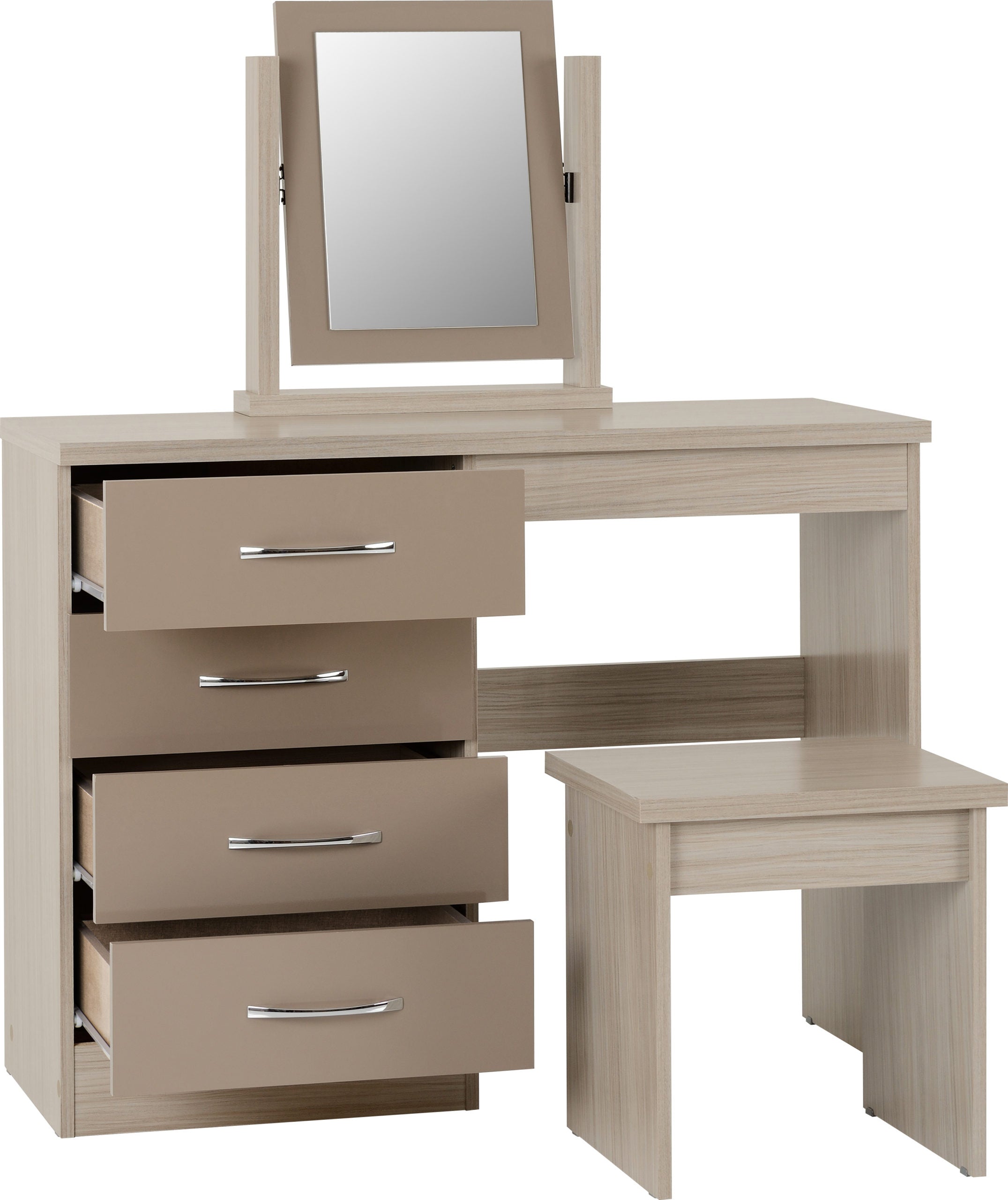 NEVADA DRESSING TABLE SET - OYSTER GLOSS/LIGHT OAK EFFECT VENEER