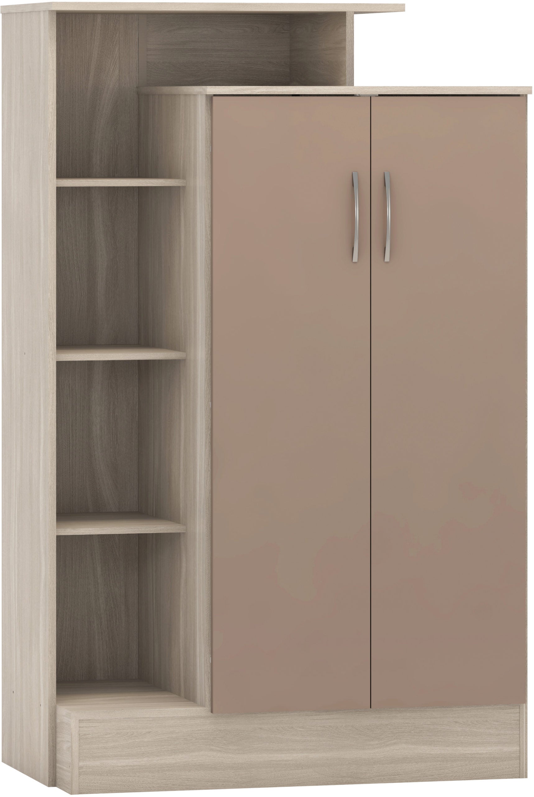 NEVADA PETITE OPEN SHELF WARDROBE - OYSTER GLOSS/LIGHT OAK EFFECT VENEER