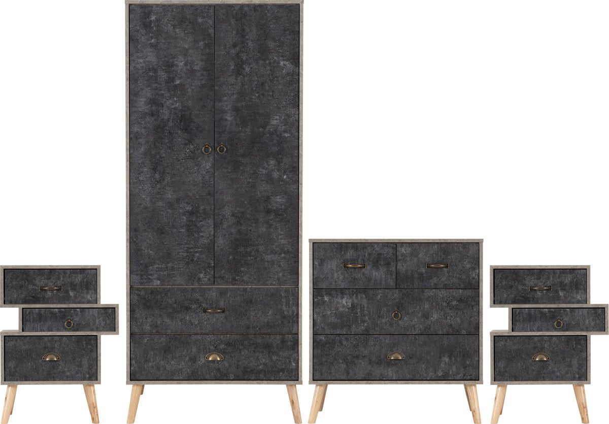 NORDIC 2 DOOR WARDROBE BEDROOM SET - GREY/CHARCOAL CONCRETE EFFECT