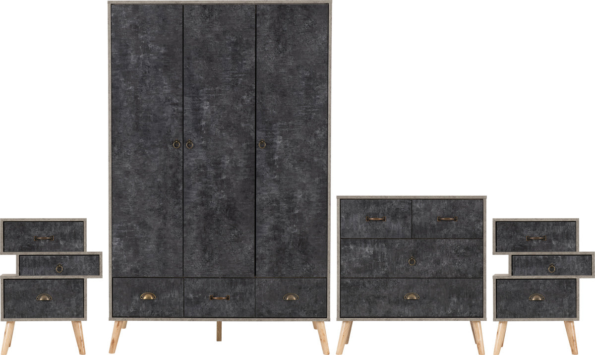 NORDIC 3 DOOR WARDROBE BEDROOM SET - GREY/CHARCOAL CONCRETE EFFECT