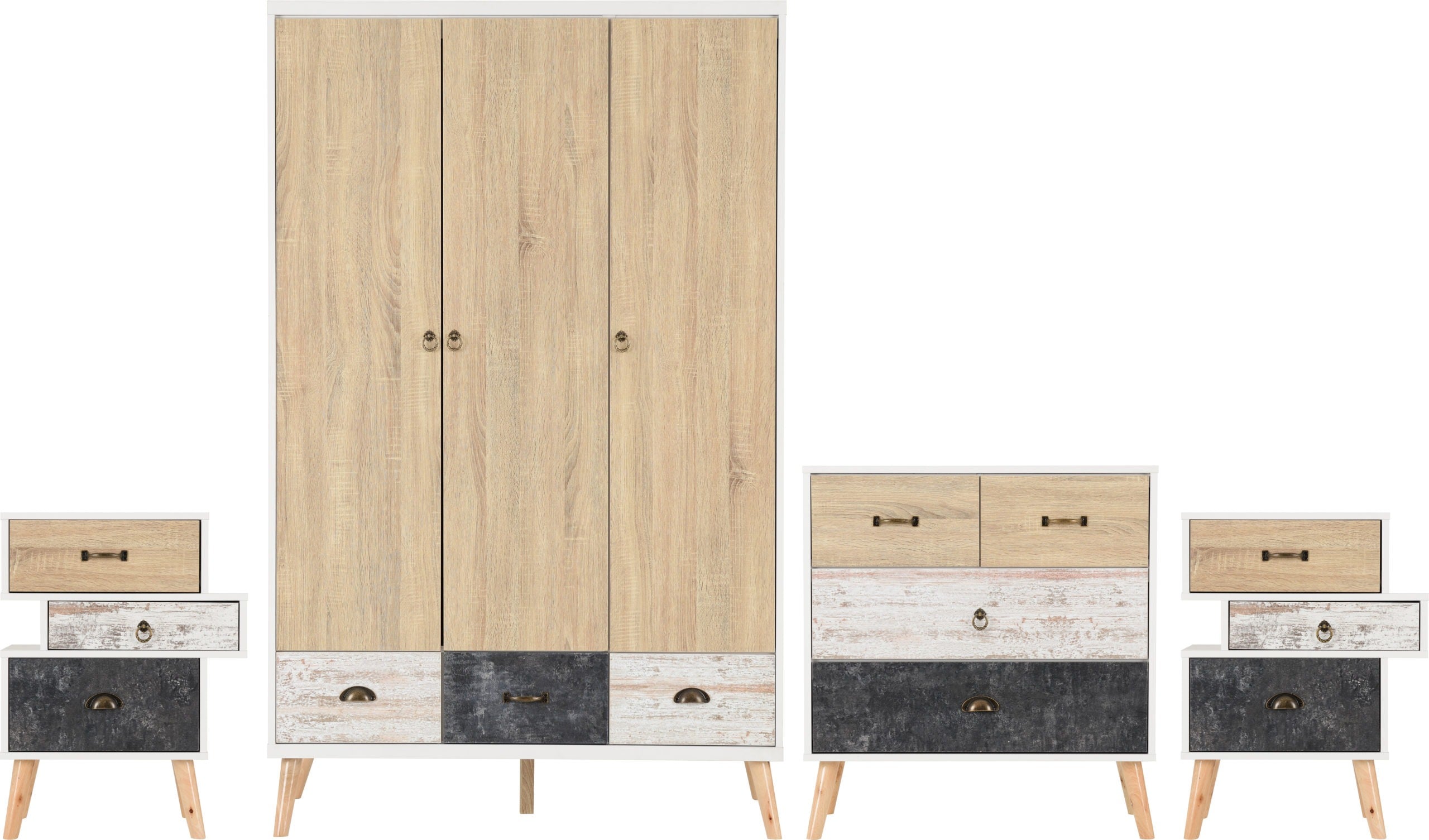 NORDIC 3 DOOR WARDROBE BEDROOM SET - WHITE/DISTRESSED EFFECT