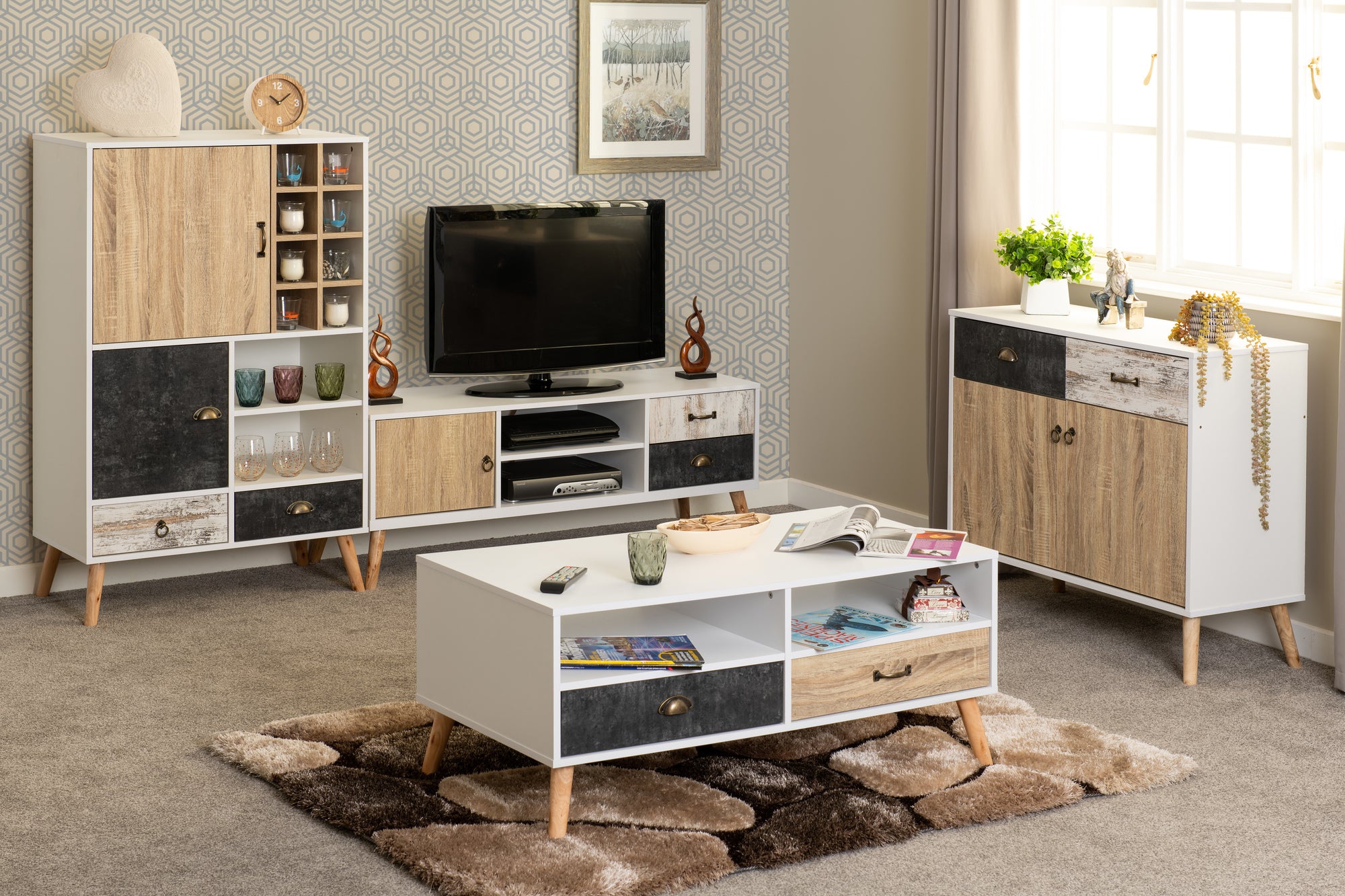 NORDIC 1 DOOR 2 DRAWER TV UNIT - WHITE/DISTRESSED EFFECT