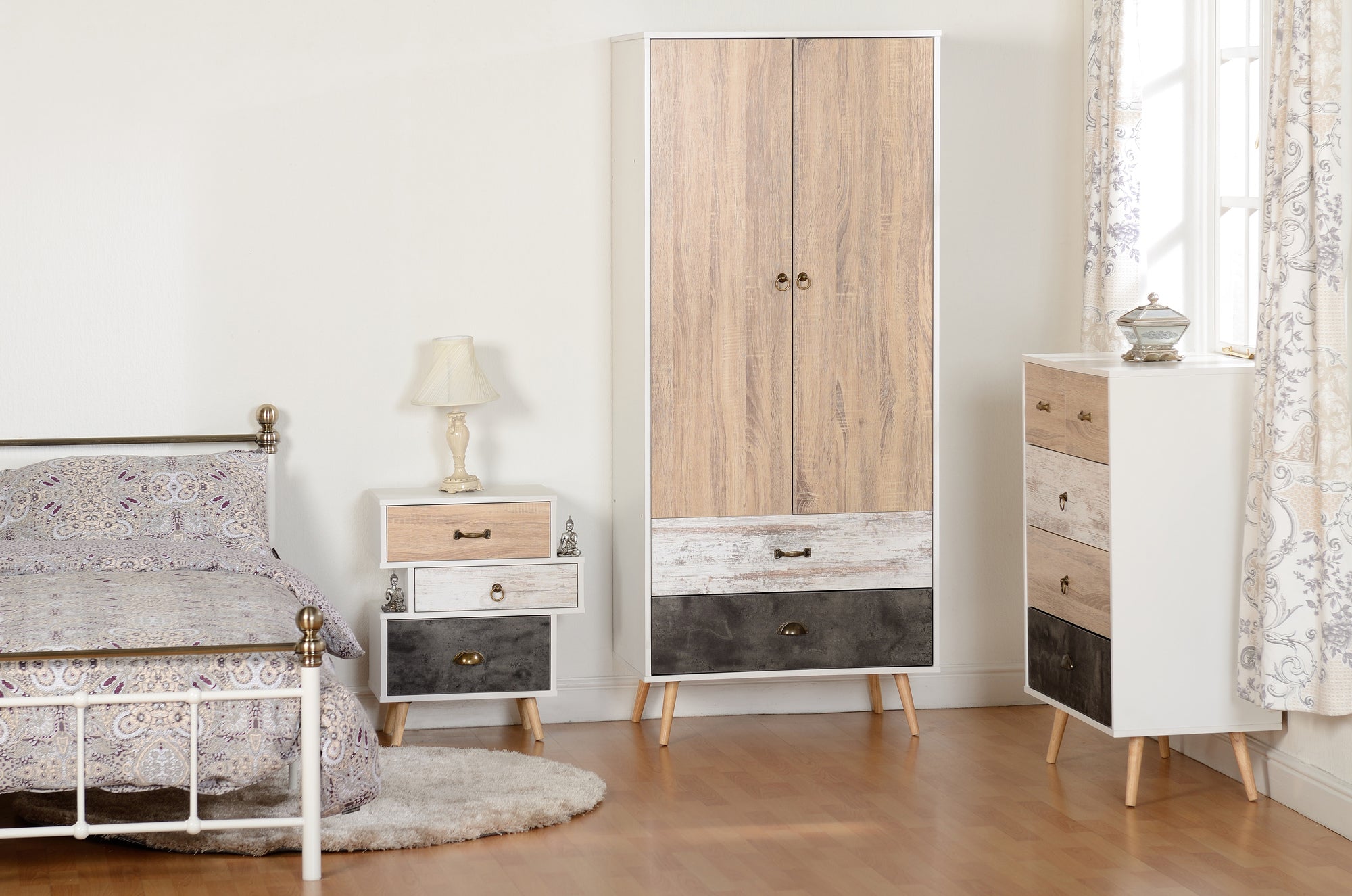 NORDIC 3 DRAWER BEDSIDE - WHITE/DISTRESSED EFFECT