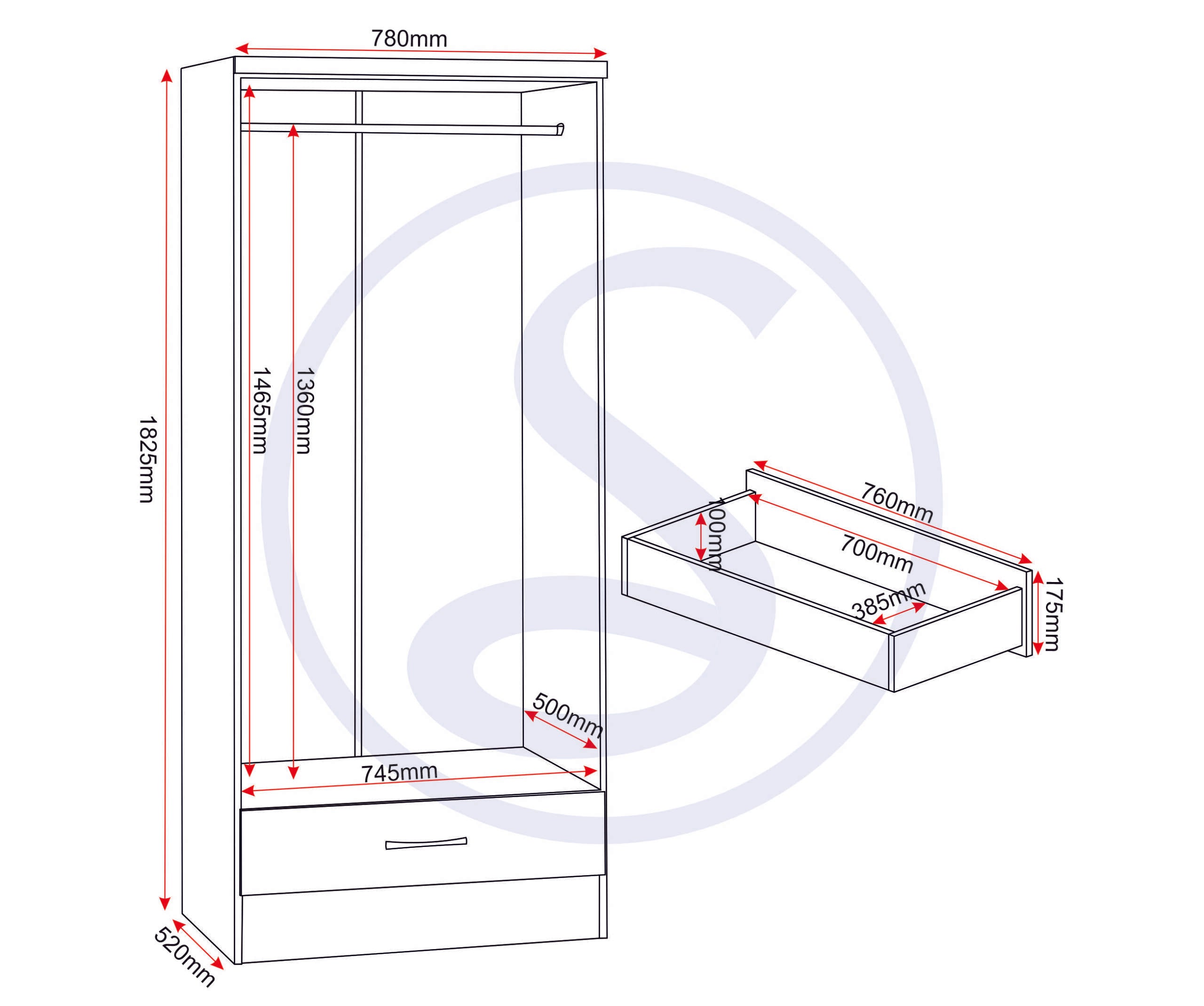 NEVADA 2 DOOR 1 DRAWER WARDROBE - WHITE GLOSS